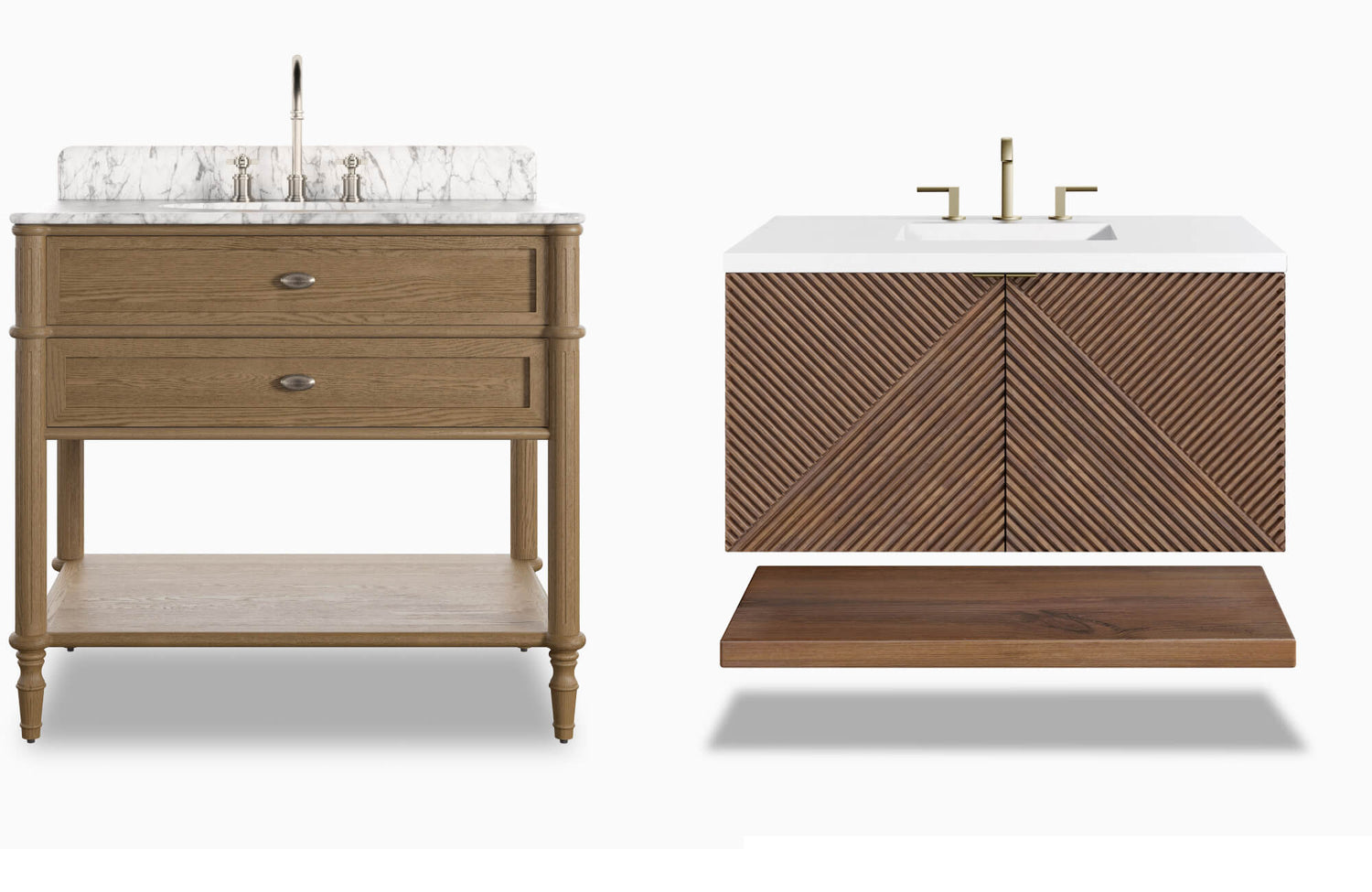 Elegant bathroom vanities in natural wood tones; one is a freestanding vanity with classic carved legs and marble top, the other is a floating vanity with a modern chevron-textured front.