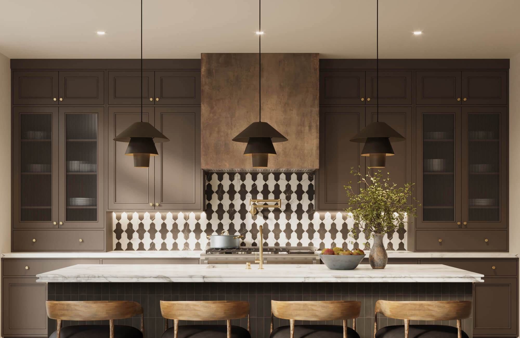 Bold black and white geometric tiles accent the backsplash beneath a trio of matte black pendant lights in a warm, modern kitchen.