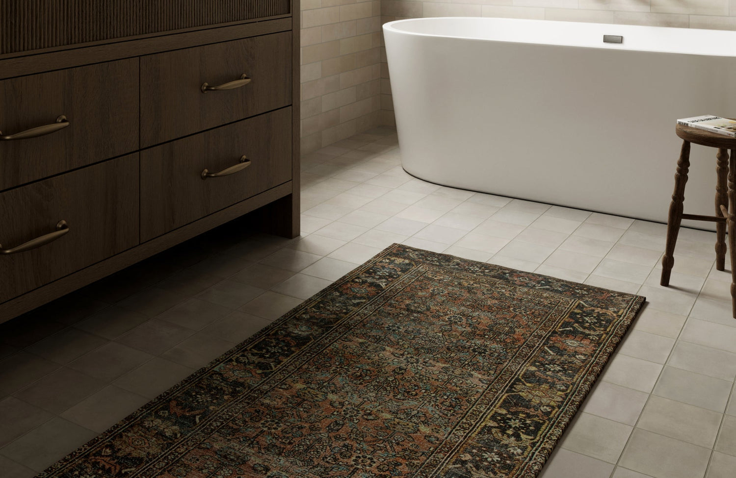 Vintage-style power-loomed rug in a modern bathroom, combining rich color with easy-care synthetic fibers.