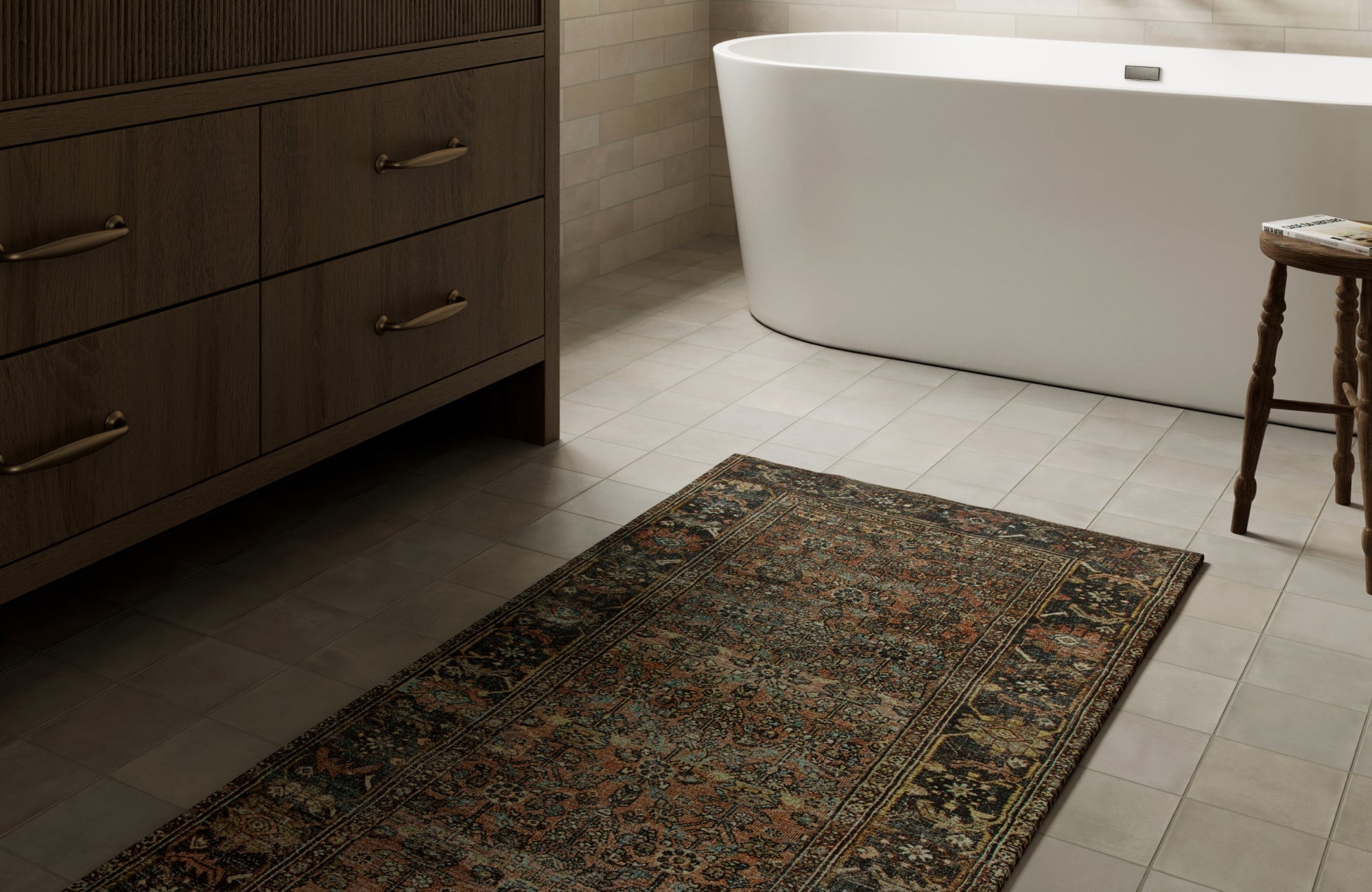 Vintage-style power-loomed rug in a modern bathroom, combining rich color with easy-care synthetic fibers.
