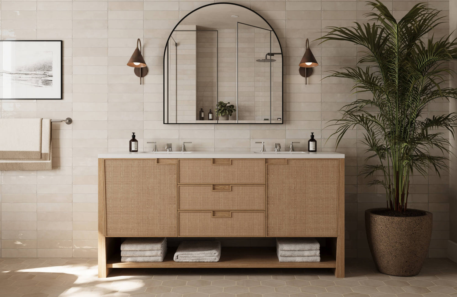 Bathroom with warm beige wall tiles, light wood vanity, and hex tile floor showcasing timeless neutral vanity color with modern accents