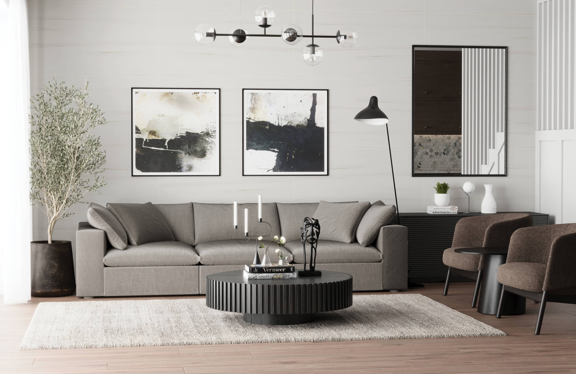 Modern living room with a neutral palette, sleek furnishings, abstract artwork, and a textured area rug.