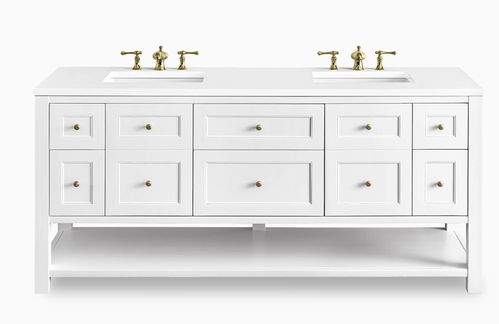 Sleek white double-sink vanity with brass fixtures and symmetrical drawer layout, offering a timeless, clean-lined design.