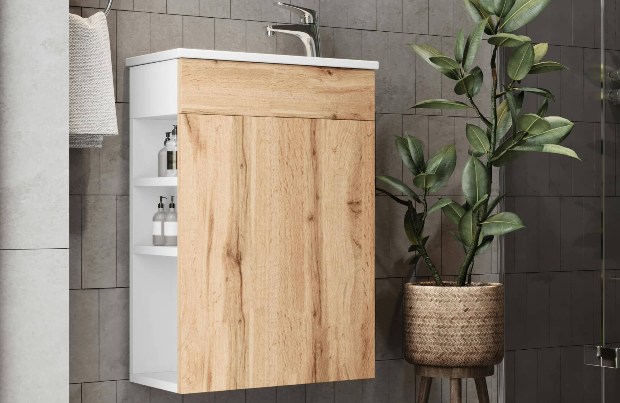 Modern bathroom vanity with a natural wood cabinet, white countertop, open shelving for toiletries, and ambient illumination highlighting sleek fixtures against tiled walls.