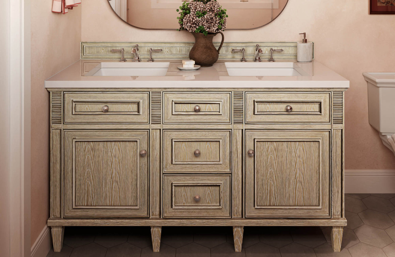 Rustic double sink vanity with fluted sage green tile backsplash and weathered wood cabinetry in a soft, neutral bathroom.