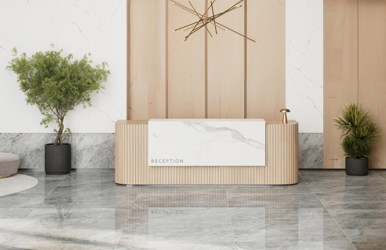 Modern reception area with marble-look porcelain wall and floor tiles, wood paneling, and a sleek curved desk design.