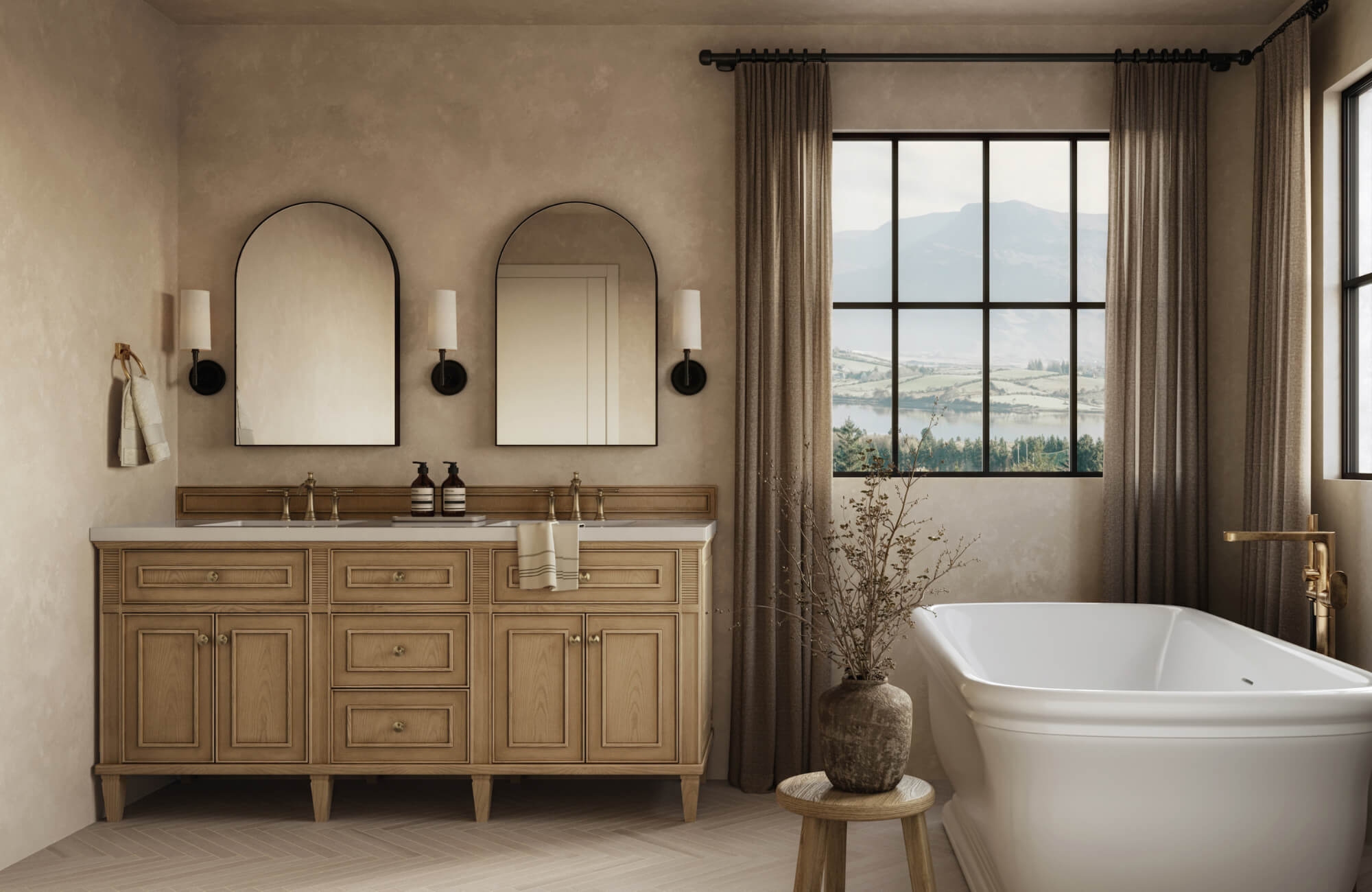 Elegant bathroom with a double-sink wood vanity, arched mirrors, modern wall sconces, a freestanding tub, and large scenic window views.