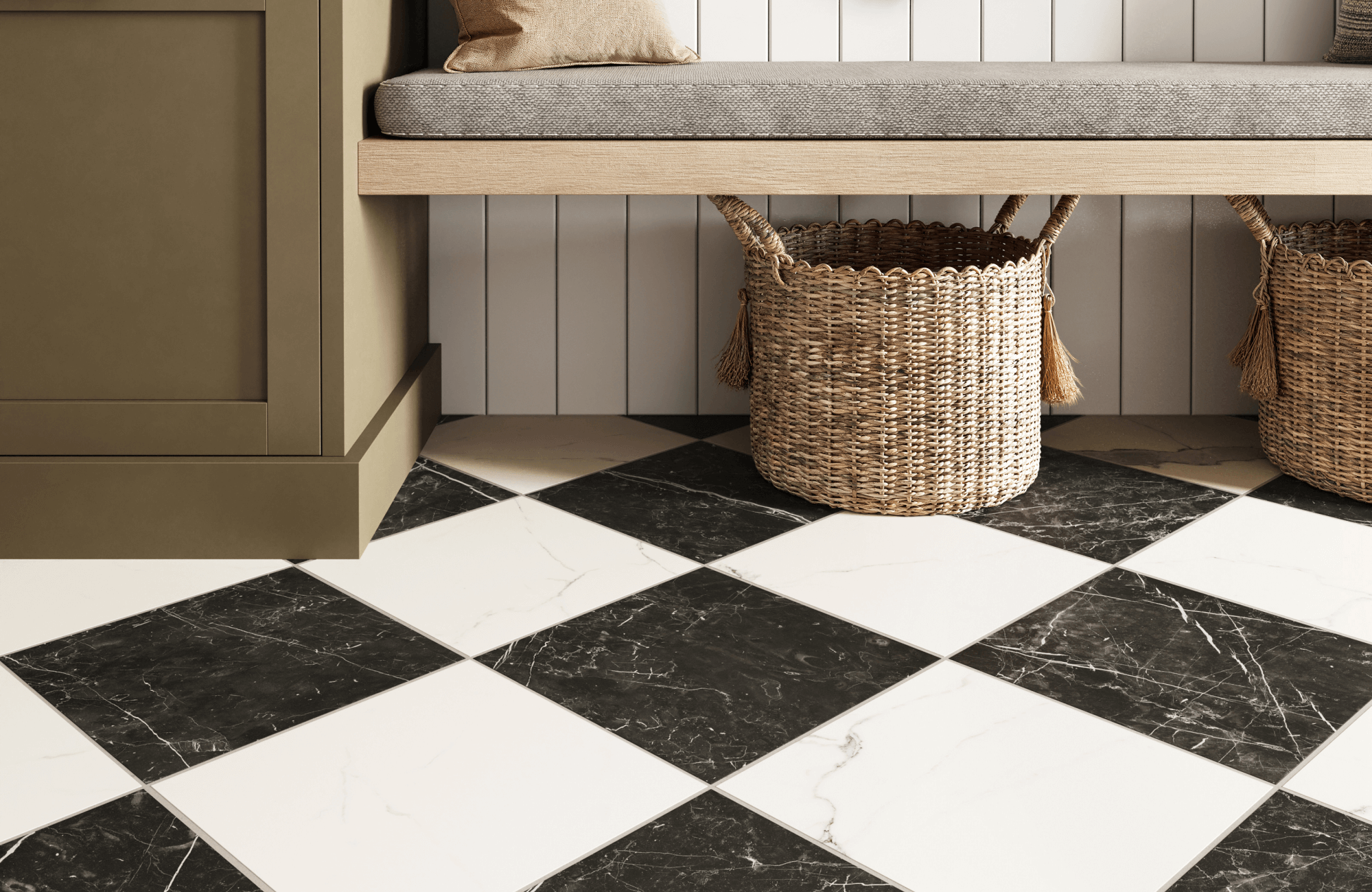 Elegant black and white checkered tiles with a marble-inspired finish create a bold yet timeless floor design, adding sophistication to the space.