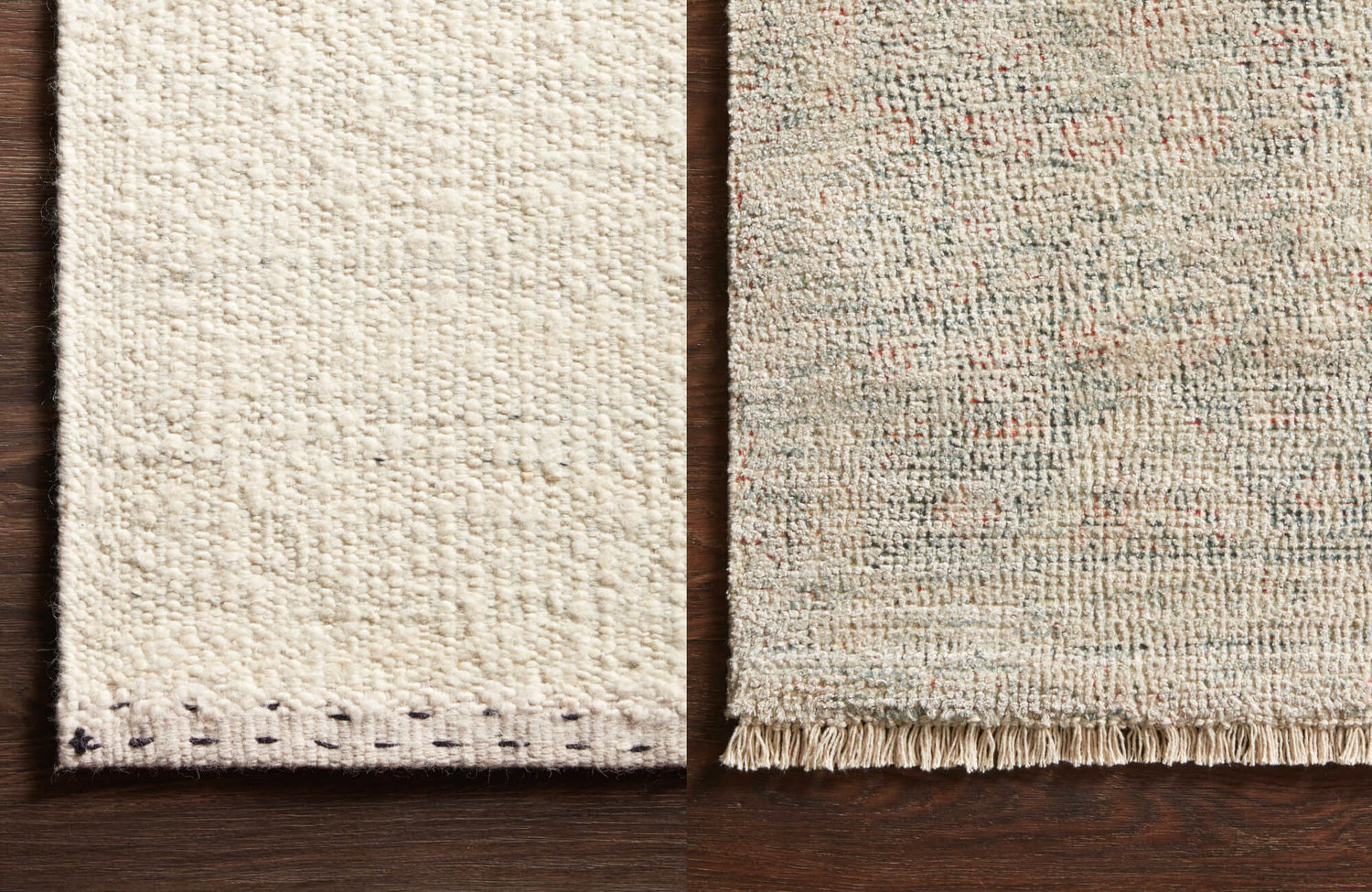 Side-by-side comparison of a cotton-blend rug with a smooth, uniform weave and a wool-blend rug with a textured, multitone finish.