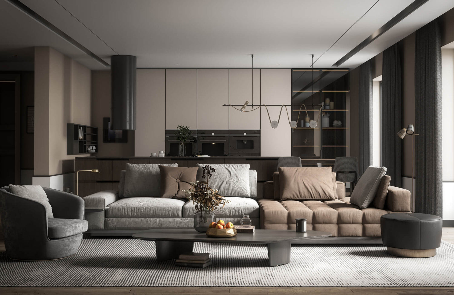 Modern open-concept living room with neutral sofas, low coffee table, and a textured 9x12 area rug anchoring the seating space.
