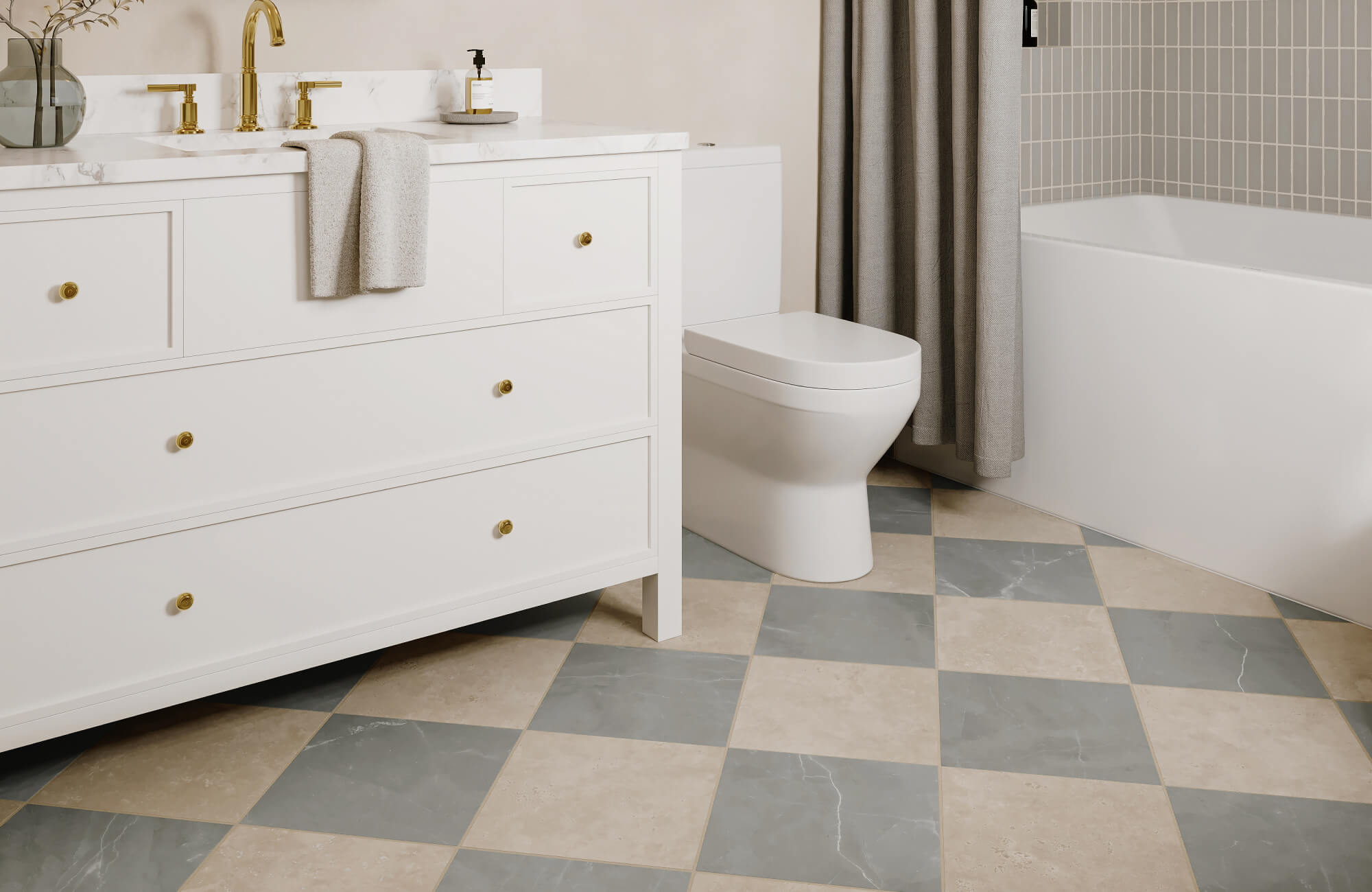 Bathroom with soft beige and gray checkered tile floor, white vanity, gold fixtures, and neutral palette throughout.