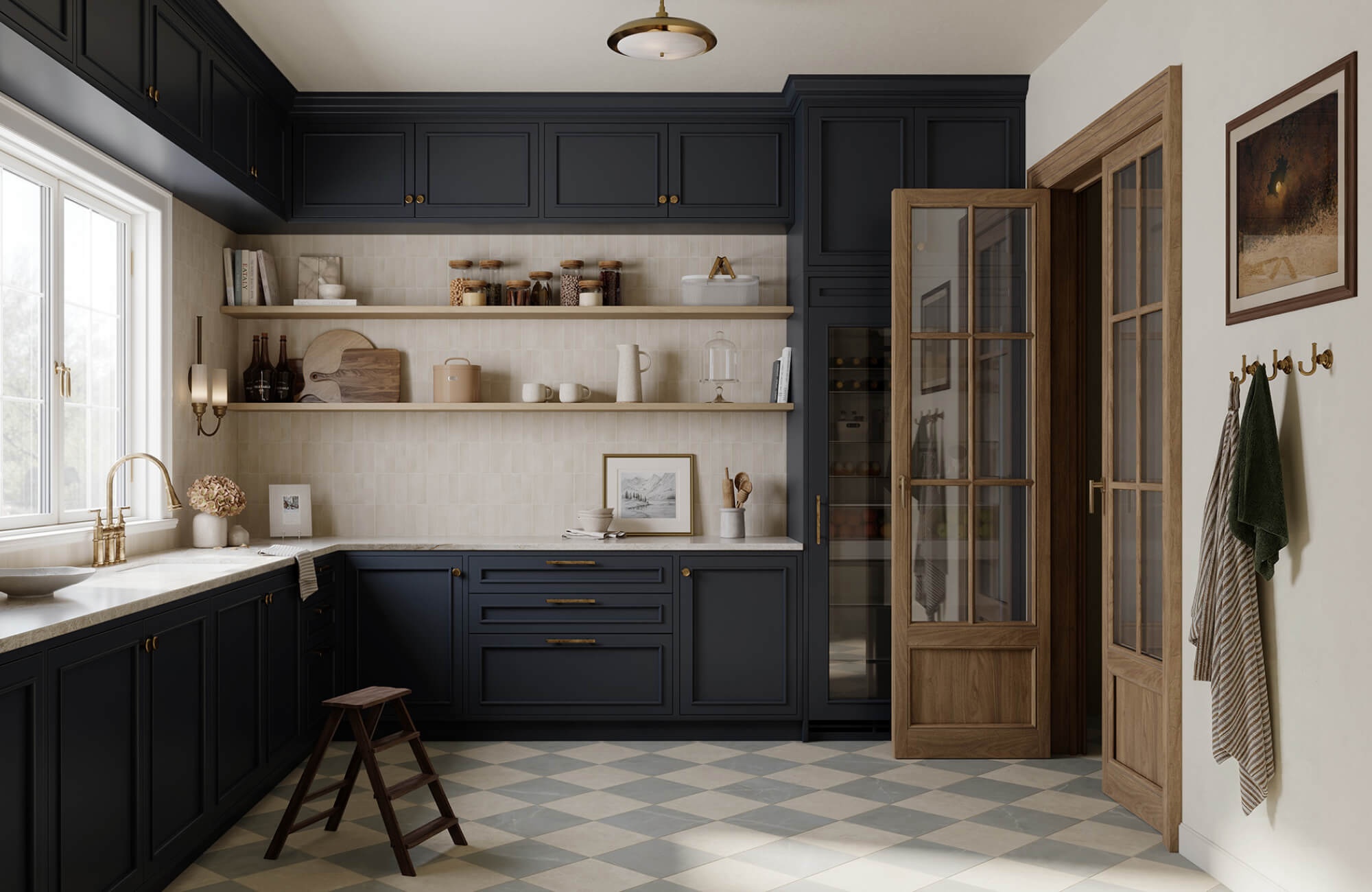 A classic kitchen with deep navy cabinetry, brass fixtures, and open wood shelving, grounded by a soft gray and beige checkerboard tile floor that adds timeless contrast and visual rhythm to the space.