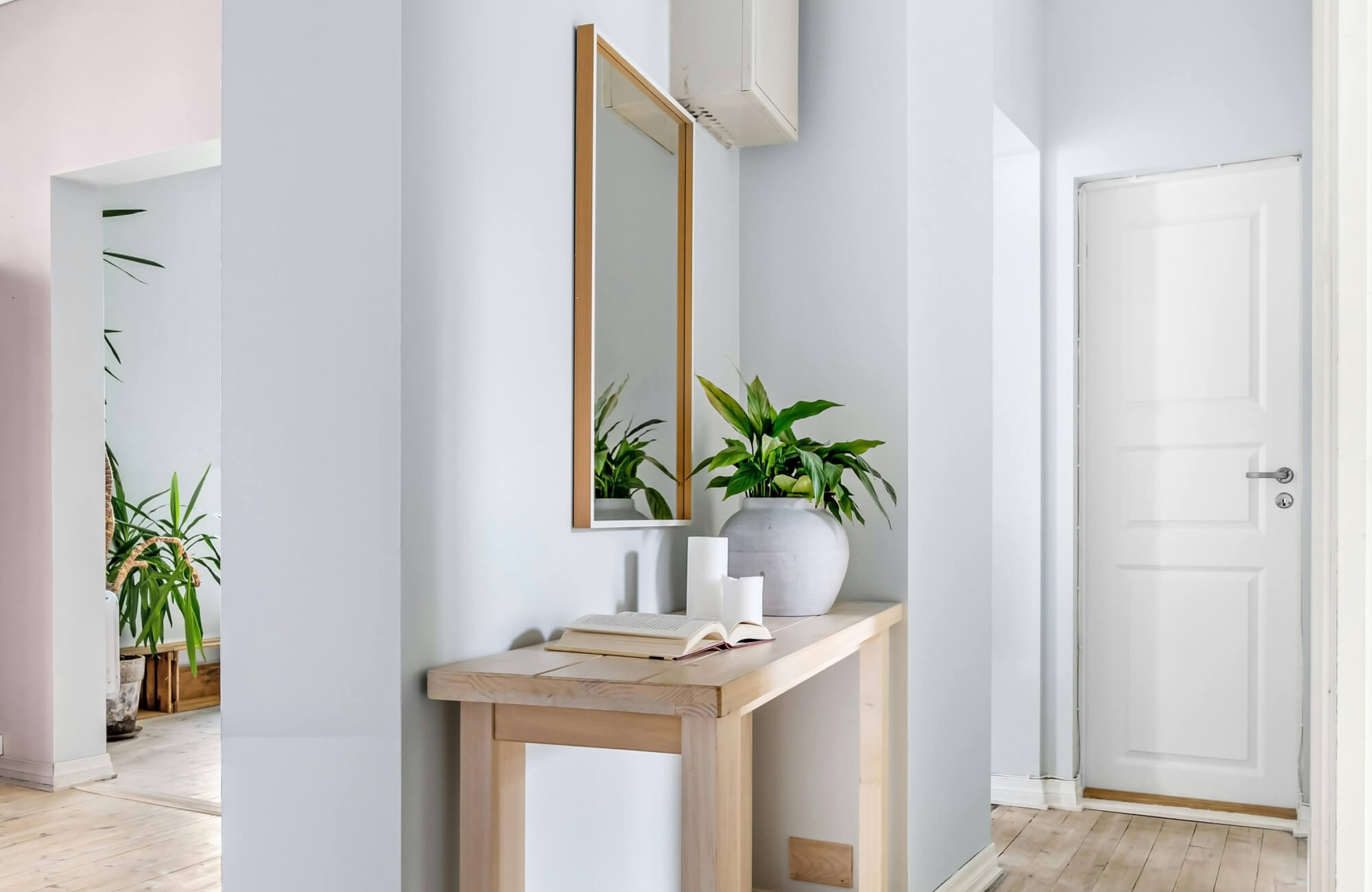Rectangular mirror above a console table with a plant, adding height and balance to a bright entryway.