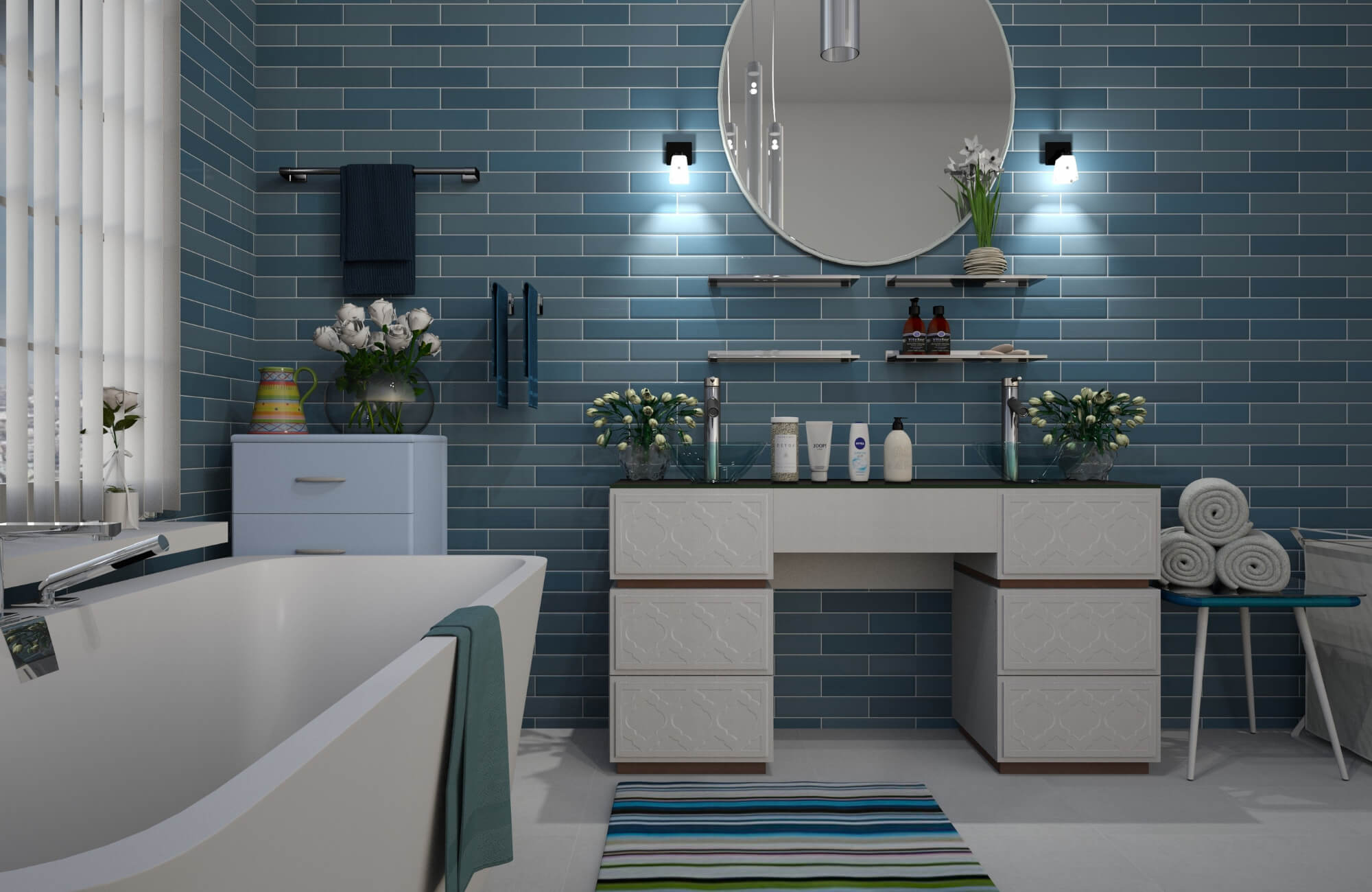 Modern bathroom featuring blue subway‑tile backsplash behind a vanity and mirror, white freestanding tub, and striped rug.
