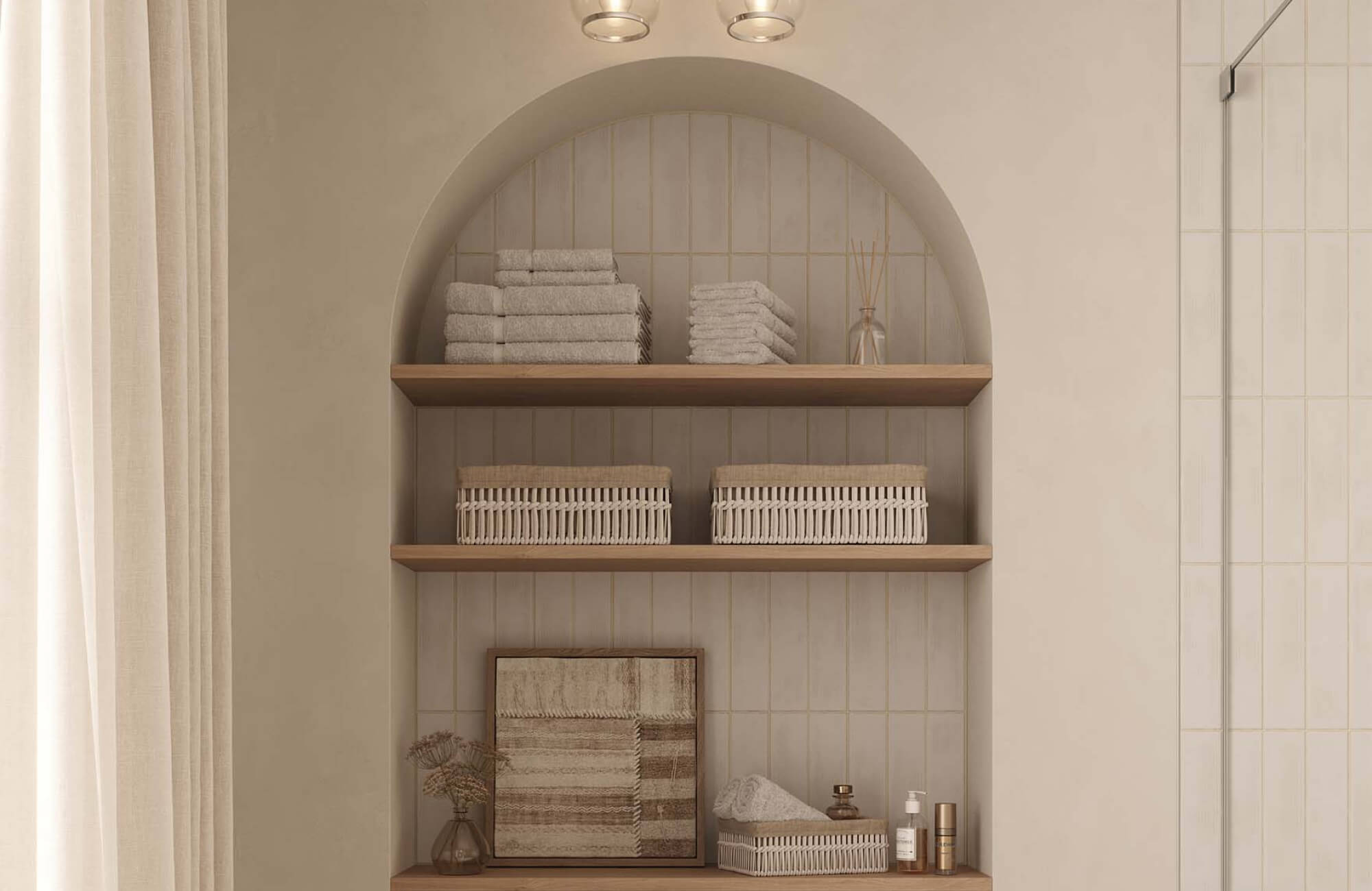 Textured wall art in soft beige and brown tones adds quiet depth, echoing the woven baskets and keeping the whole space calm and cohesive.