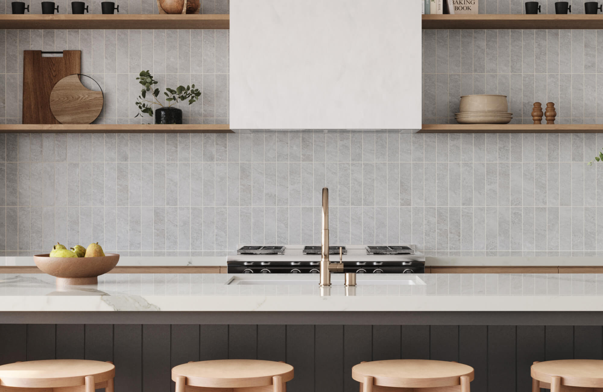A modern kitchen with soft grey subway tiles as a backsplash, open wood shelving, and a sleek marble island, exuding minimalist elegance.