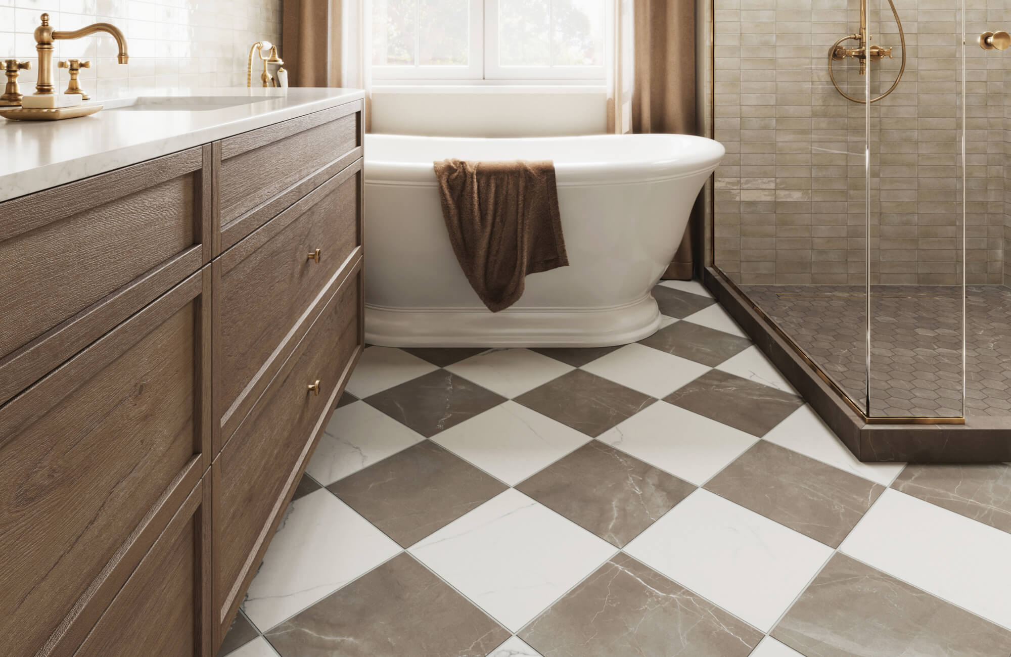 Elegant bathroom with a diagonal checkerboard floor, wood cabinetry, gold fixtures, a freestanding tub, and a glass-enclosed shower.