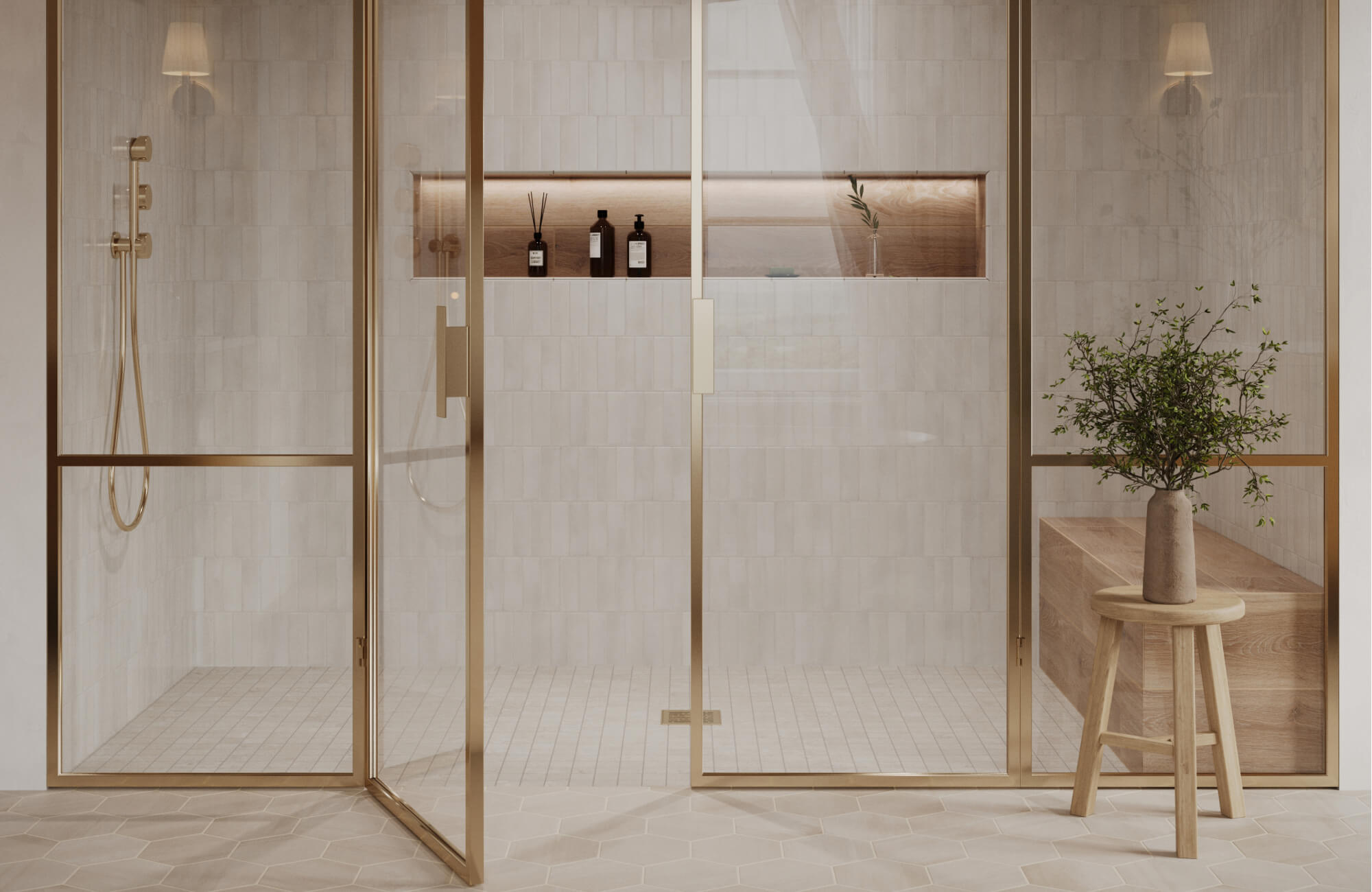 Elegant walk-in shower with soft vertical tile, gold-framed glass doors, built-in wood bench, and warm square mosaic floor tile for added texture.