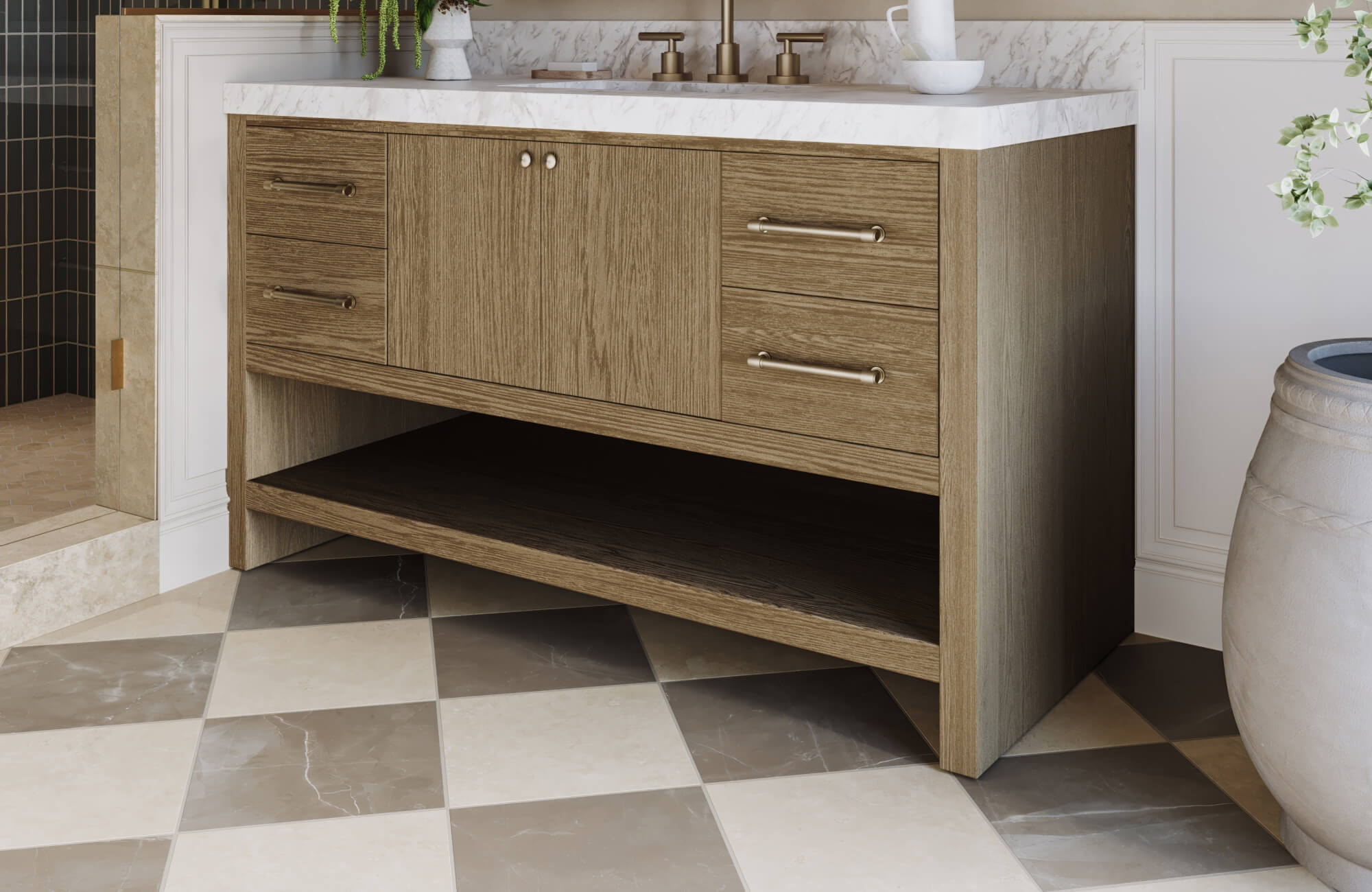 Wood vanity with marble countertop set against durable beige and gray checkerboard tile flooring in a modern bathroom.