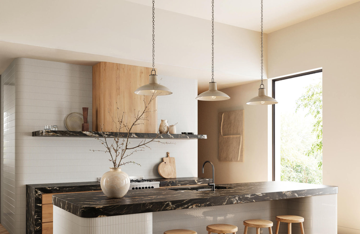 Minimalist kitchen with creamy vertical tile backsplash, dramatic black marble countertops, and trio of pendant lights.