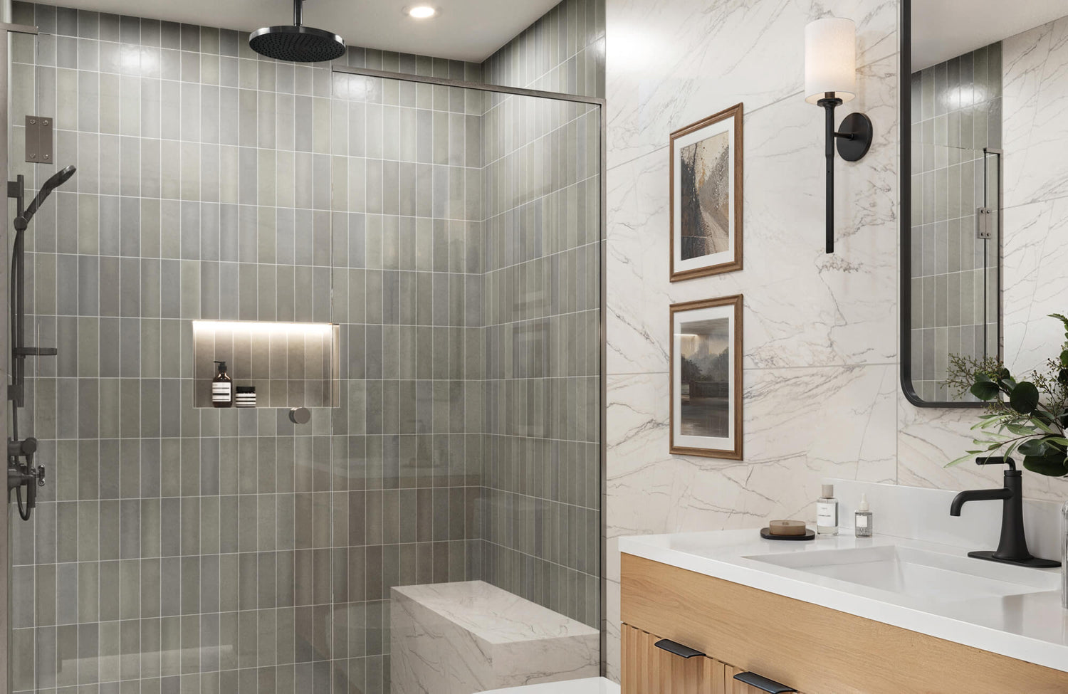 A sleek modern bathroom featuring vertical green tiles in the shower paired with marble look walls and a warm wooden vanity.