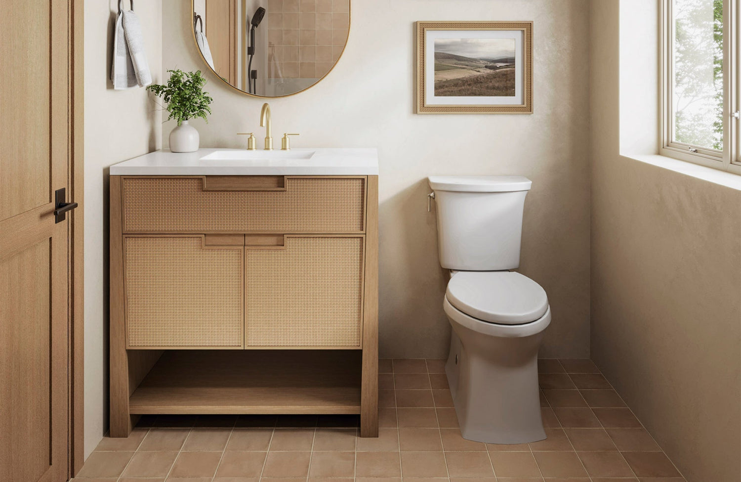 Freestanding single vanity with rattan-style cabinet and quartz top in a compact, natural-toned bathroom.