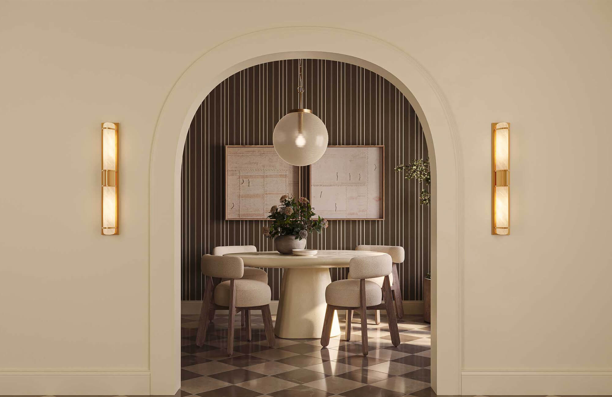 Contemporary dining room with arched entryway, striped accent wall, framed wall art, round table, upholstered chairs, pendant light, and checkered tile floor.