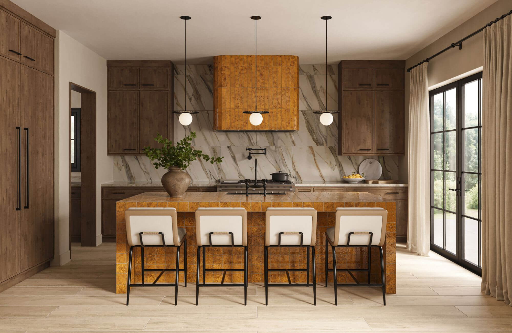 Modern kitchen with wood-look flooring, warm wood cabinetry, marble backsplash, and island with bar stools creating a stylish open layout.