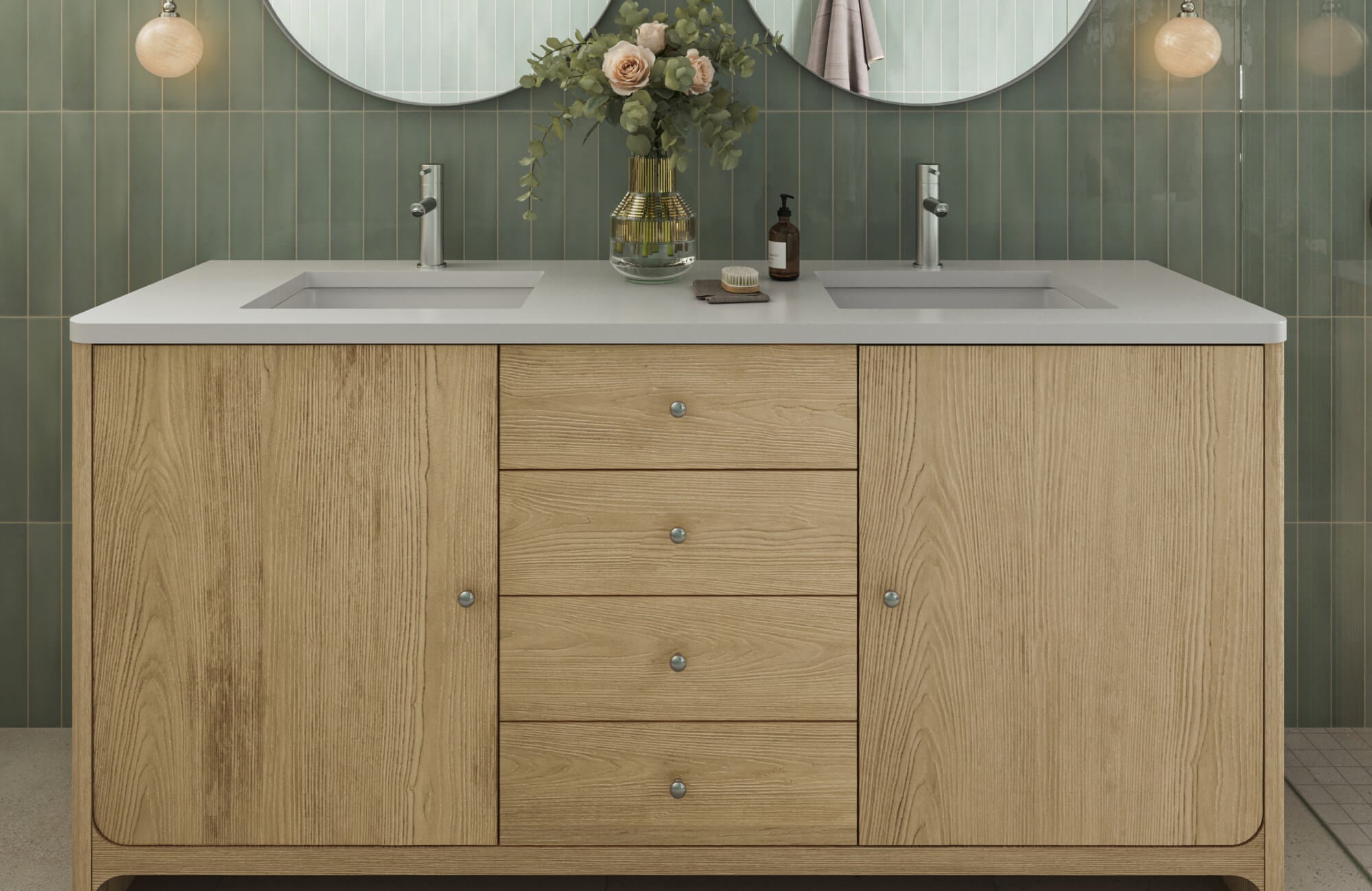 Sage green vertical tile backsplash paired with a natural oak vanity and double sinks, creating a serene, spa-inspired bathroom.