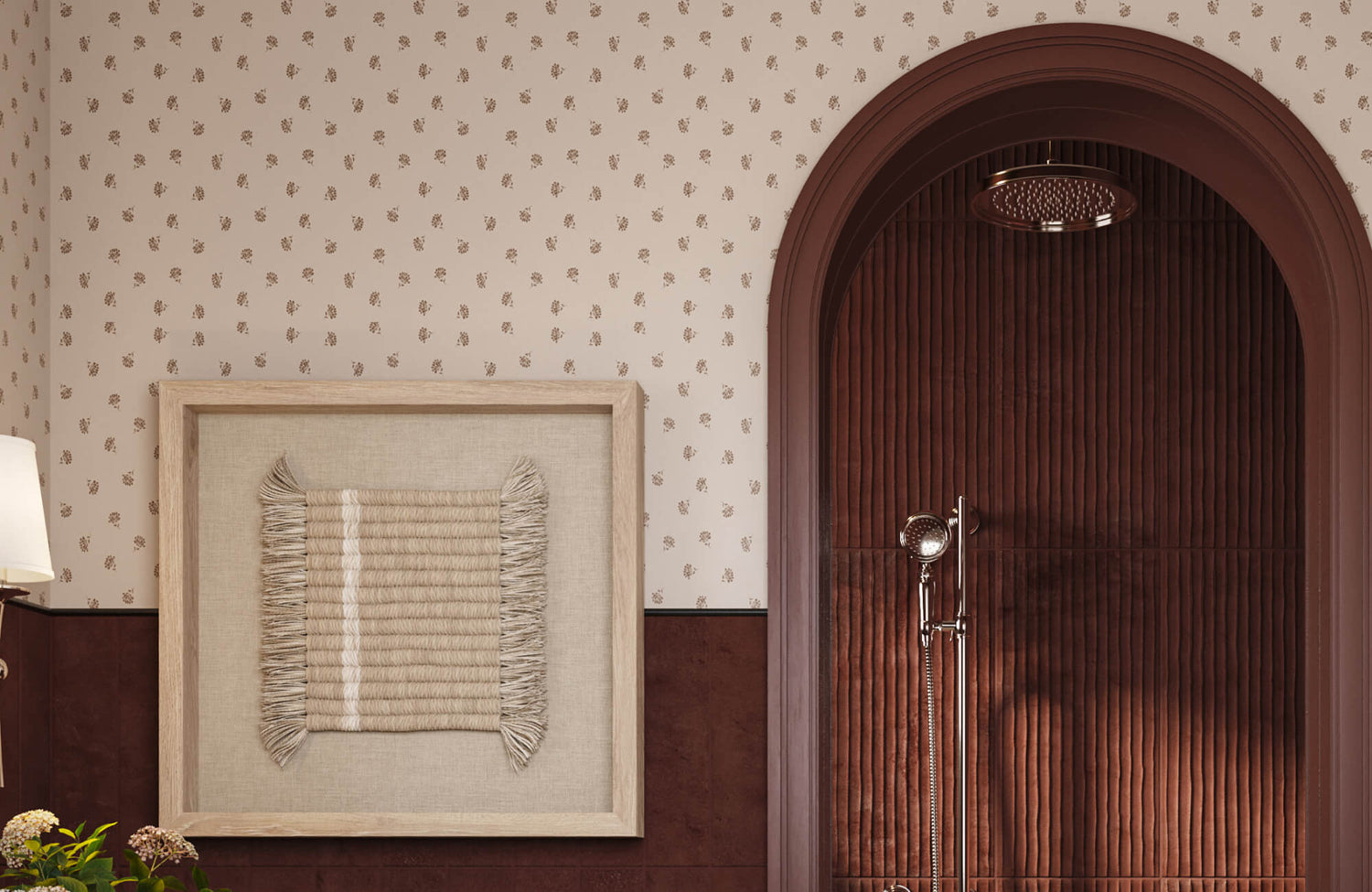 Modern bathroom with an arched wood-paneled shower, floral wallpaper, dark wainscoting, and woven textile wall art in neutral tones.