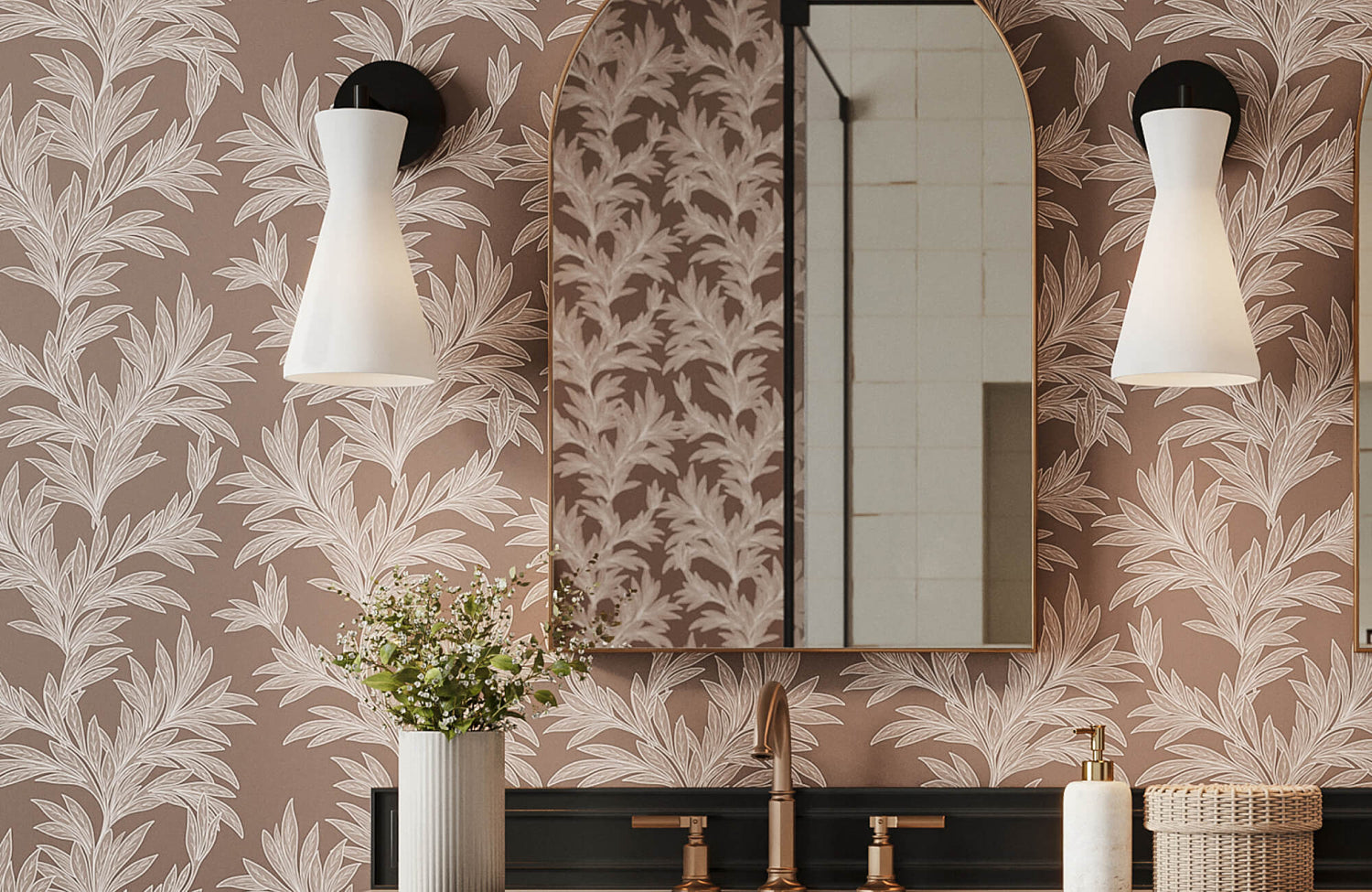 Nature-inspired leaf pattern wallpaper in muted brown and cream, adding texture and visual depth to a bathroom wall.