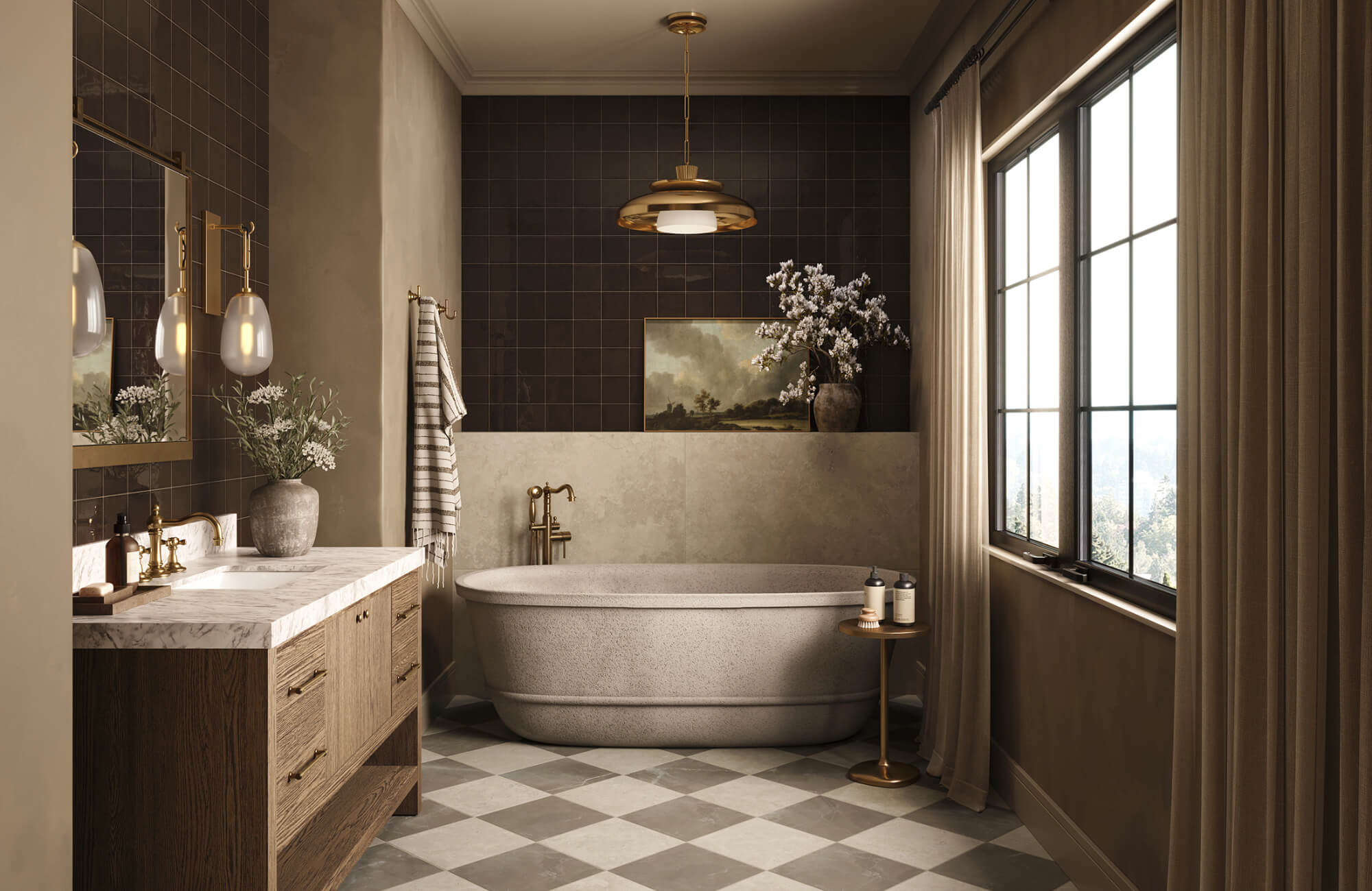 Elegant bathroom with freestanding tub, marble vanity, brass fixtures, large window, and checkered tile floor in warm tones.