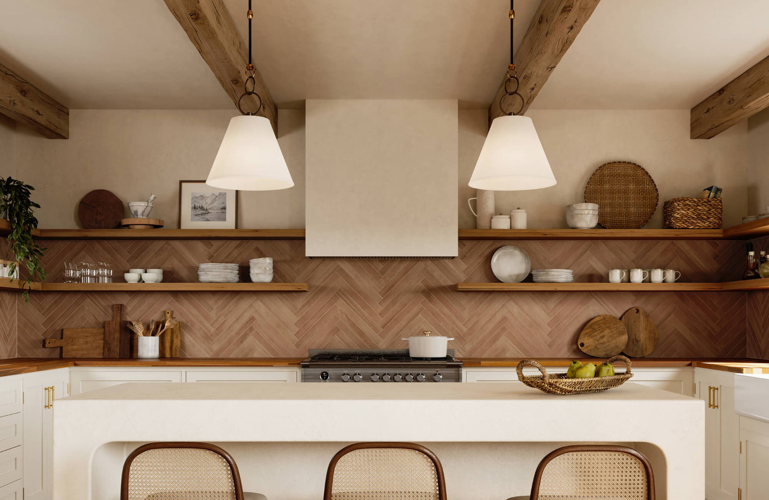 Warm, rustic kitchen with pendant lighting, open wood shelves, and herringbone backsplash above a neutral island and range.