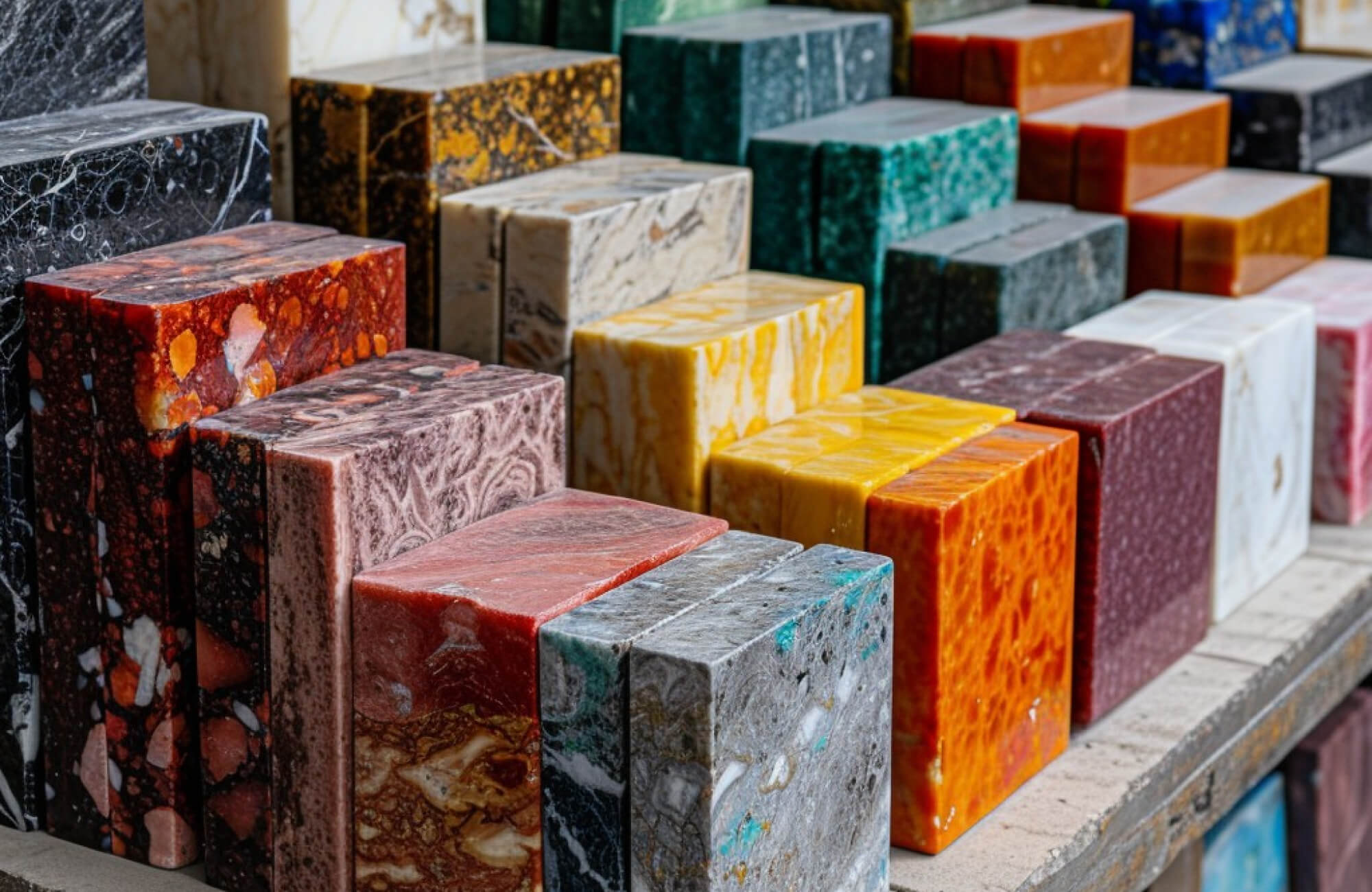 A vibrant assortment of polished stone samples in rich colors like red, yellow, green, and marble patterns.