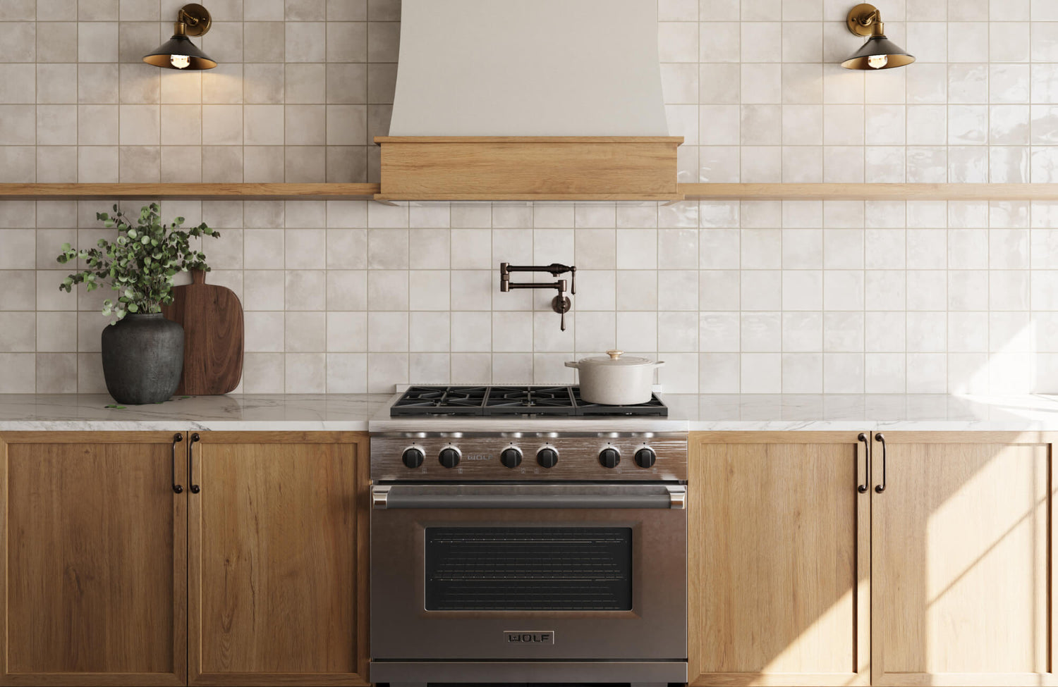 Modern kitchen with square ceramic tile backsplash, wood cabinetry, marble countertops, and stainless steel range under a wood-trimmed vent hood.