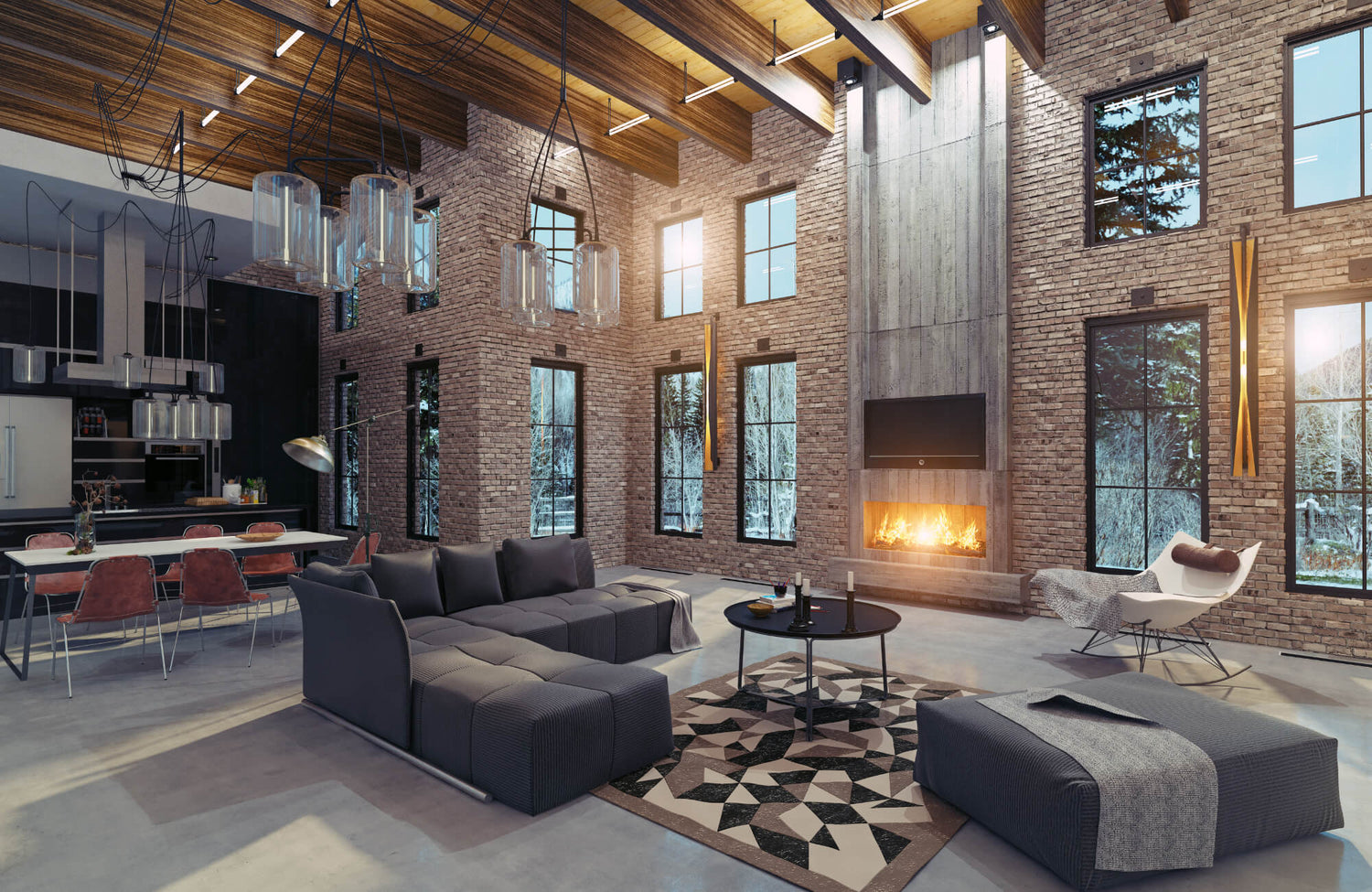 Modern living room with exposed brick walls, tall windows, wood-beamed ceiling, and a sleek fireplace beside contemporary furnishings.
