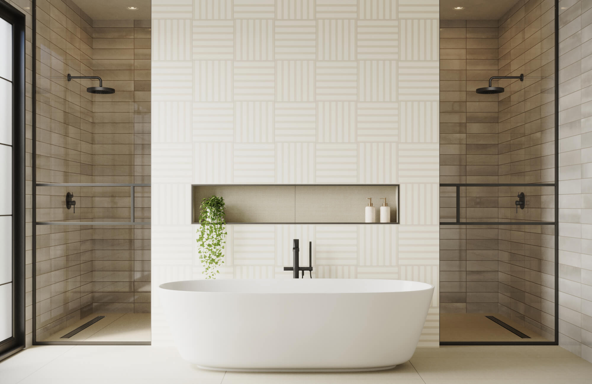 Graphic striped decorative wall tile behind a modern tub flanked by twin showers for a bold focal-point design.