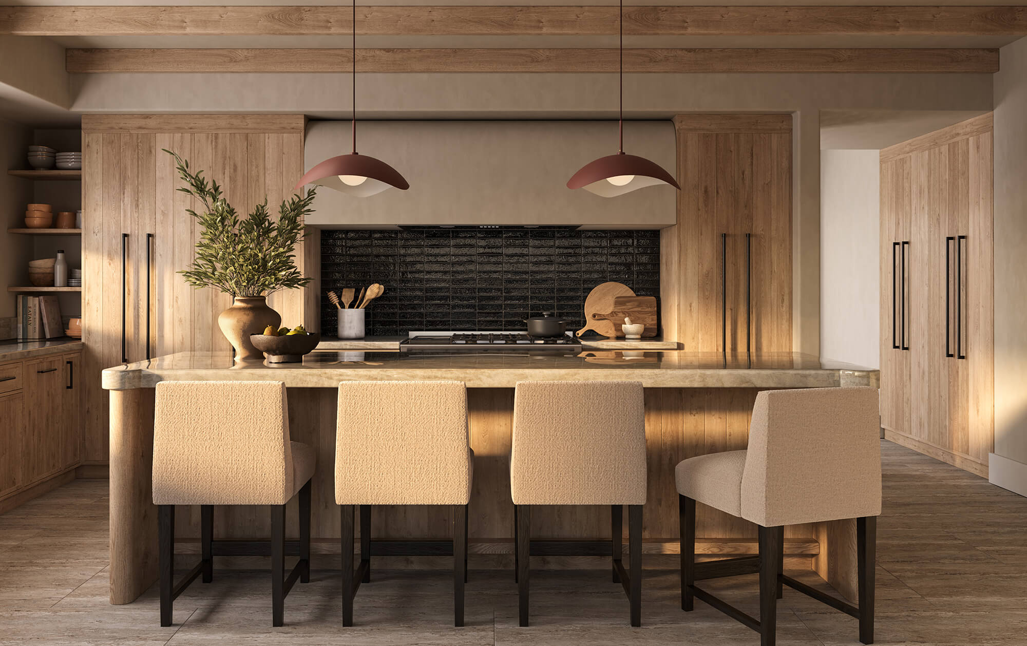 Contemporary kitchen with warm wood cabinetry, wood look tile flooring, stone island, black subway tile backsplash, and upholstered bar stools under modern pendant lighting.