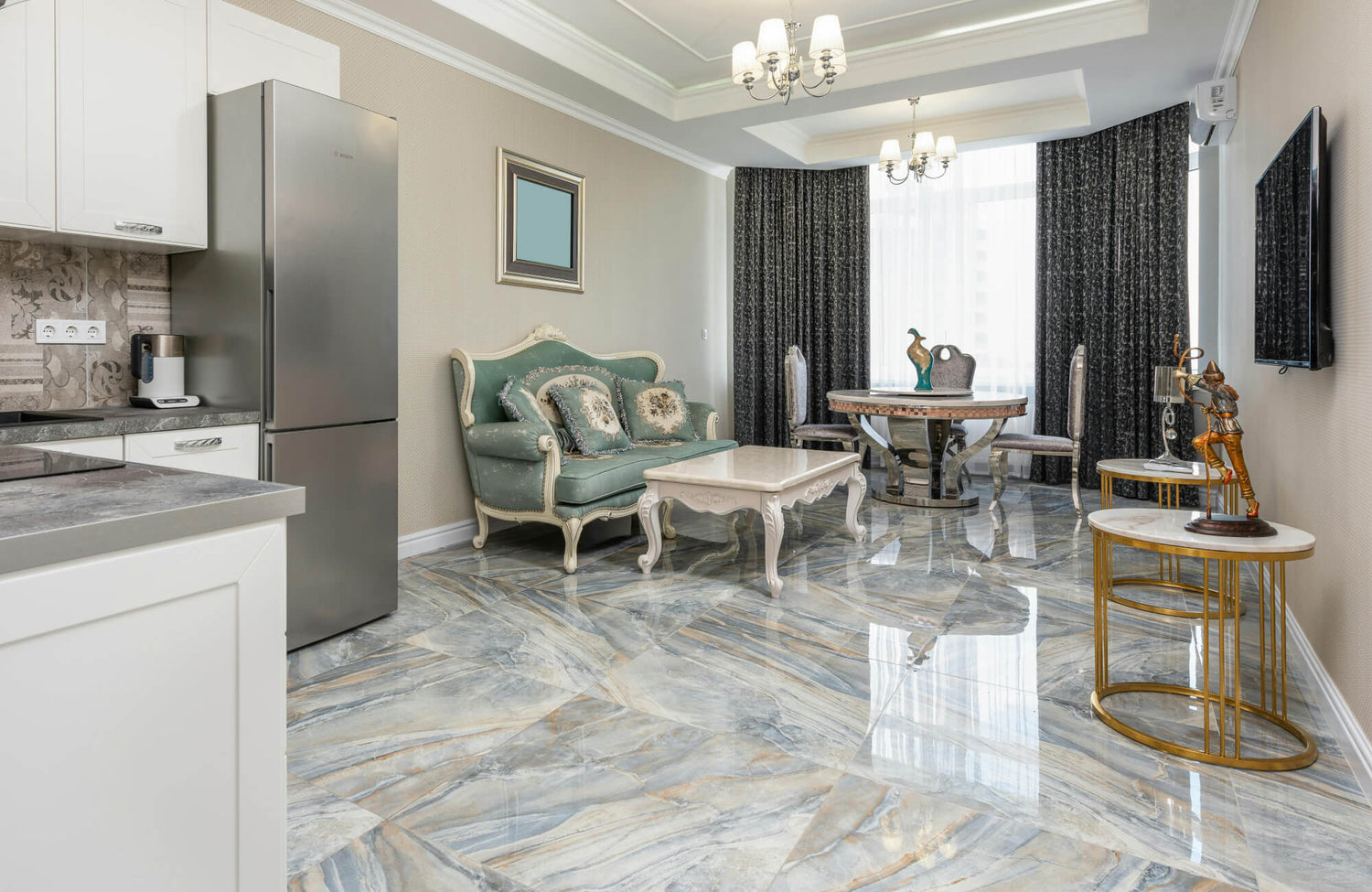 Bright living space with polished marble flooring in swirling blue and beige hues, enhancing the room's classic decor.