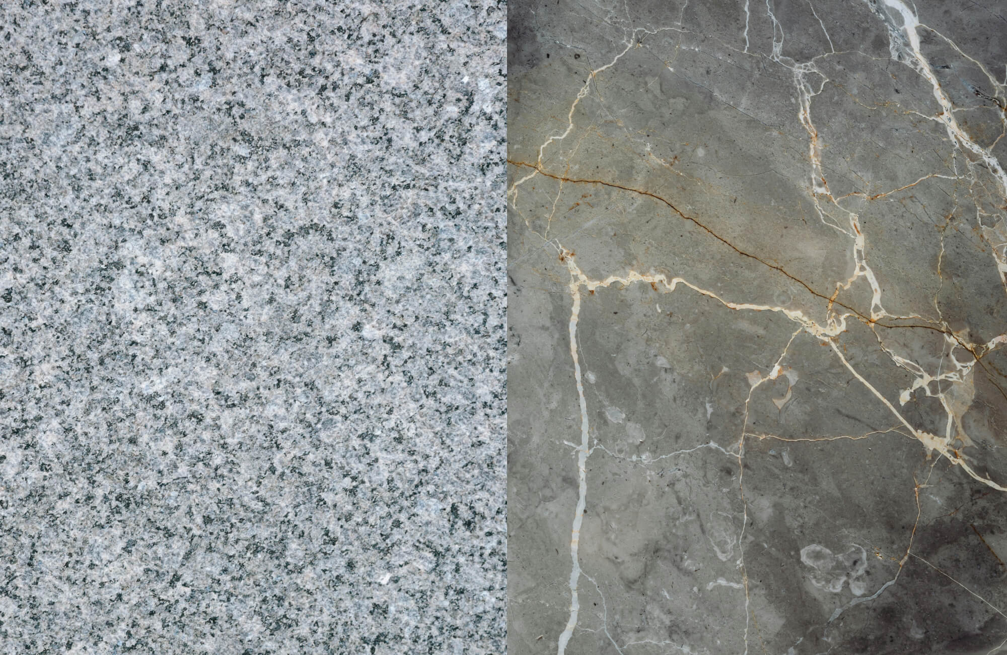 Side-by-side comparison of granite and marble surfaces, highlighting granite’s speckled texture versus marble’s veining to illustrate key differences for flooring choices.