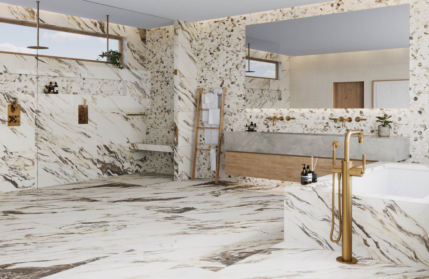 Luxurious bathroom featuring marble look tiles with intricate veining, gold fixtures, and a spacious, elegant design