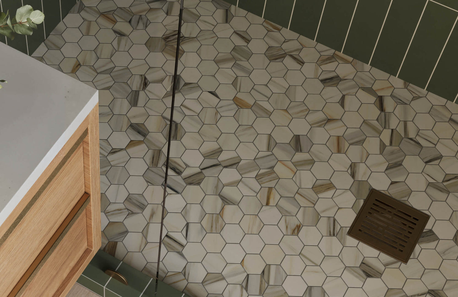 Hexagonal marble-look tiles with intricate veining create a stylish and slip-resistant shower floor design.
