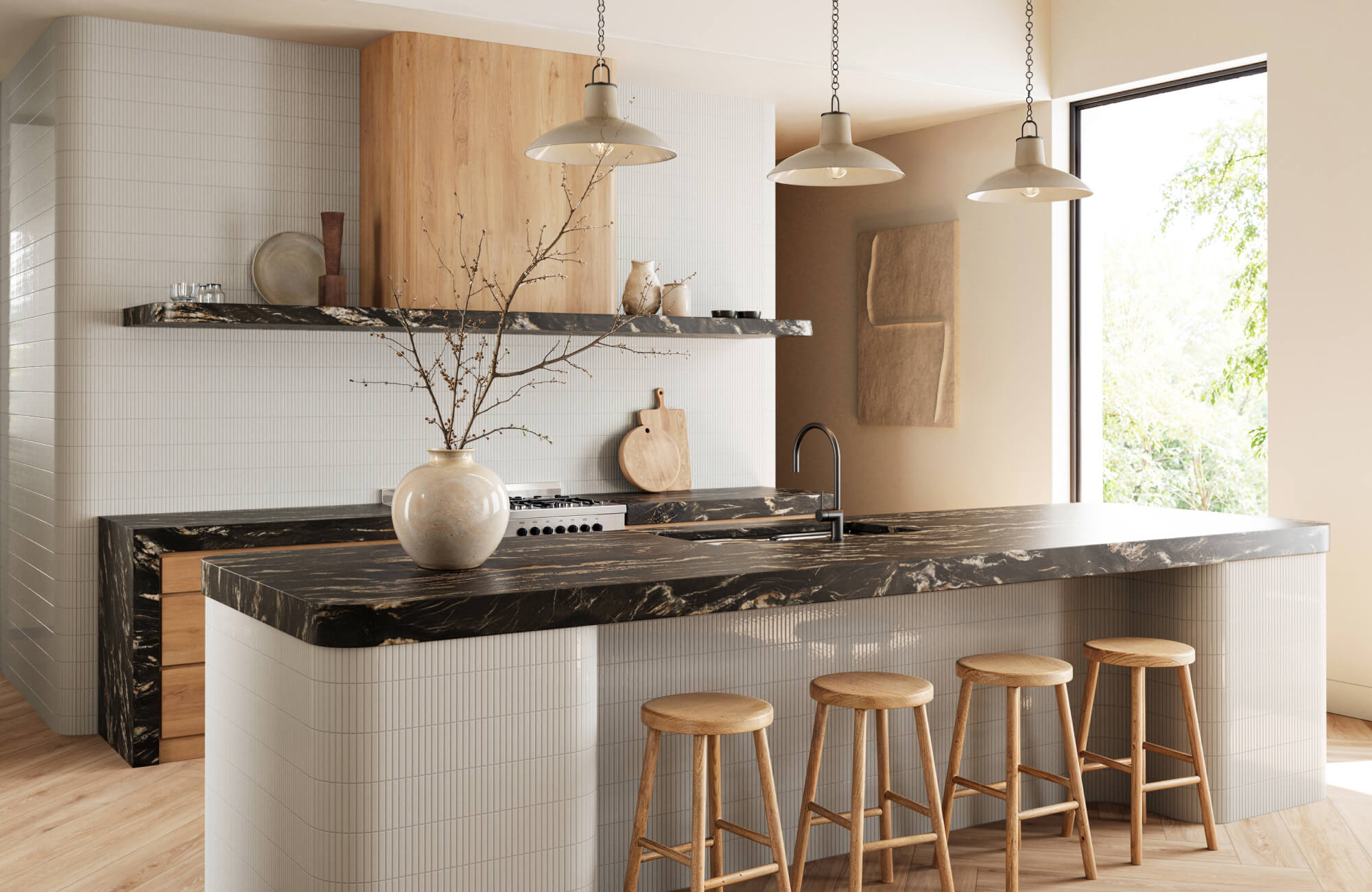 Modern kitchen with fluted white tile, black marble counters, and a trio of pendant lights in matte ivory.