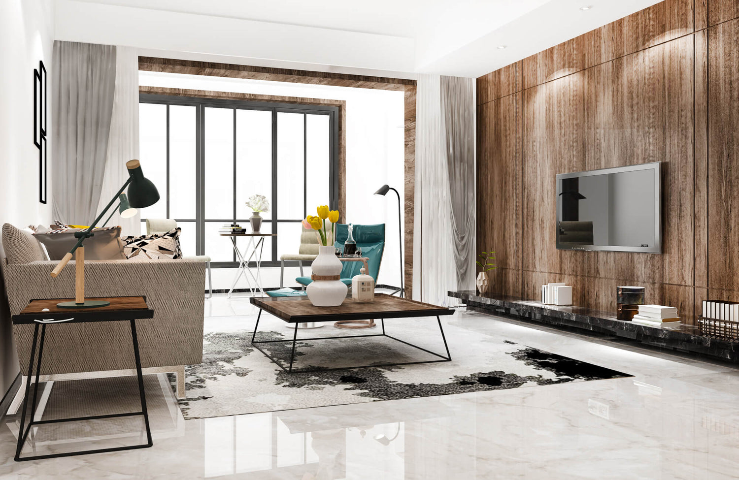 Sleek modern living room with glossy white marble floors, wood-paneled accent wall, and minimalist decor featuring neutral-toned furniture, a black and white rug, and a wooden coffee