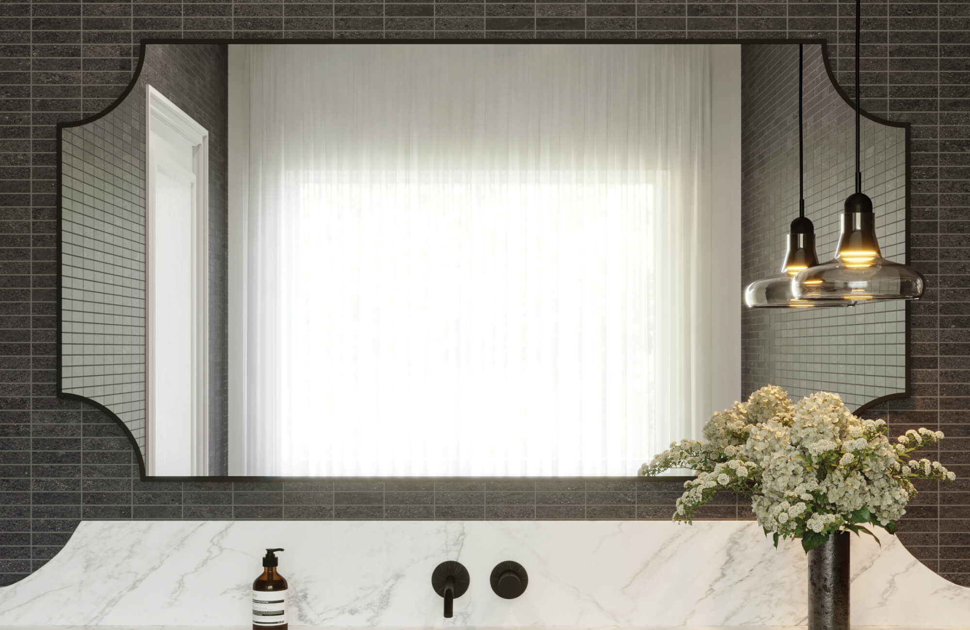 Sleek bathroom with a sculpted-edge rectangular mirror, white marble vanity, dark linear tiles, and black matte fixtures.