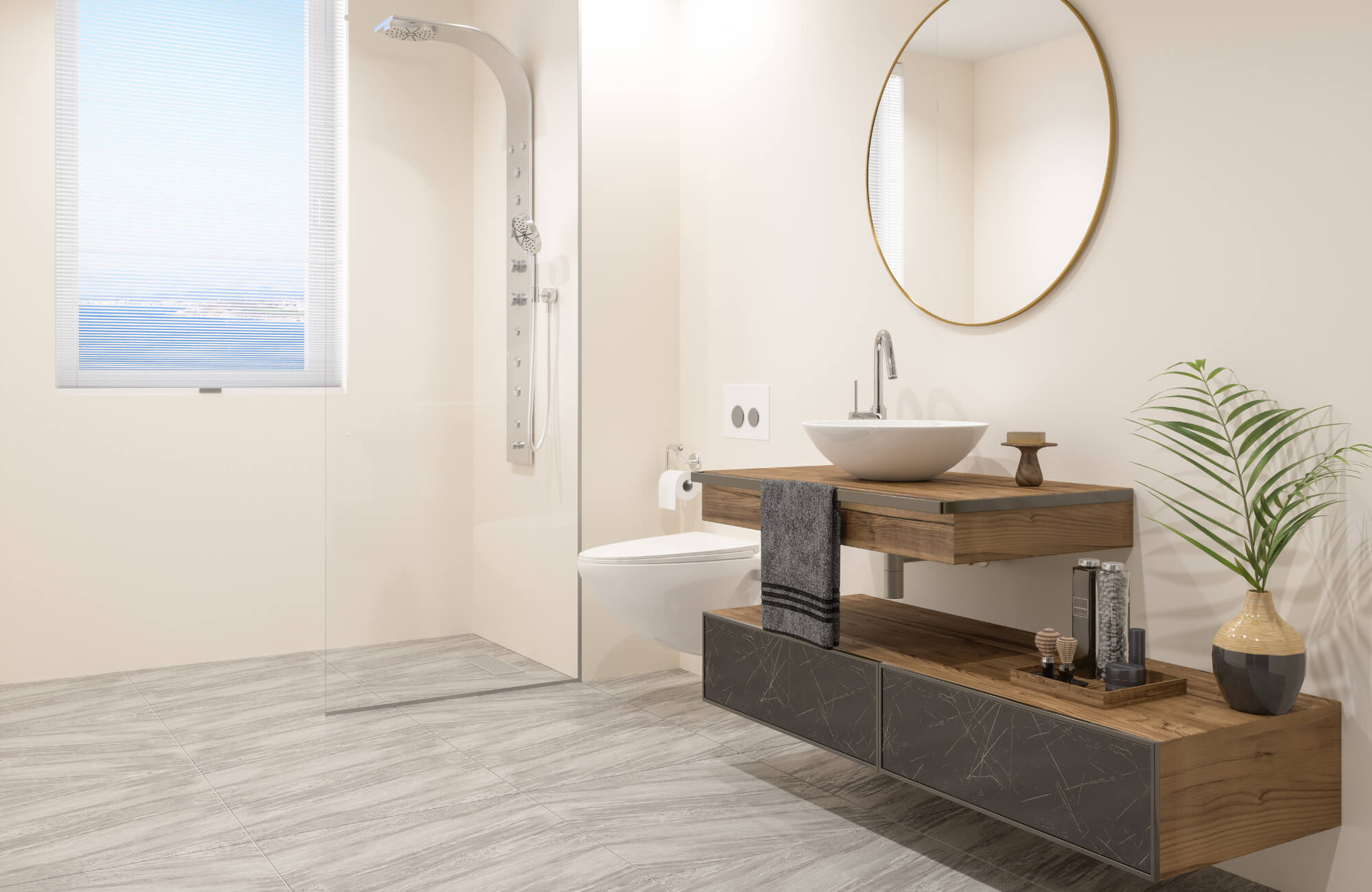 Modern bathroom with round mirror, floating wood vanity, vessel sink, walk-in shower, gray tile floor, and potted plant.