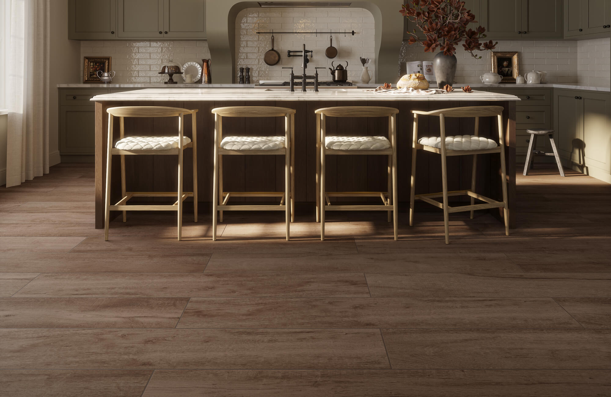 Warm wood look porcelain plank tile flooring in a sunlit kitchen with island seating and classic white subway tile backsplash.