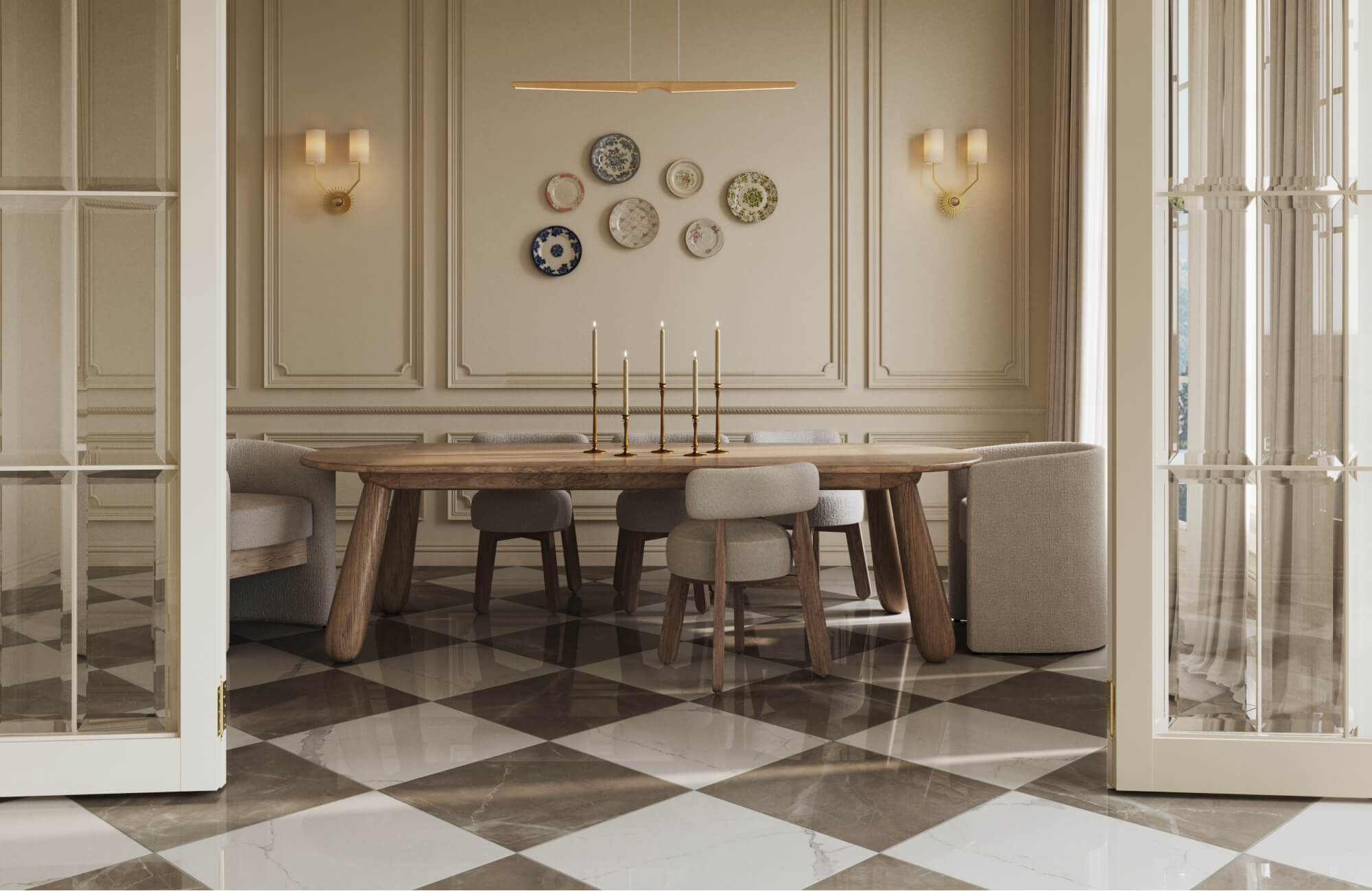 Elegant dining room framed by glass doors with a neutral-toned checkerboard floor, highlighting how the pattern adds structure, contrast, and timeless sophistication to classic interiors.