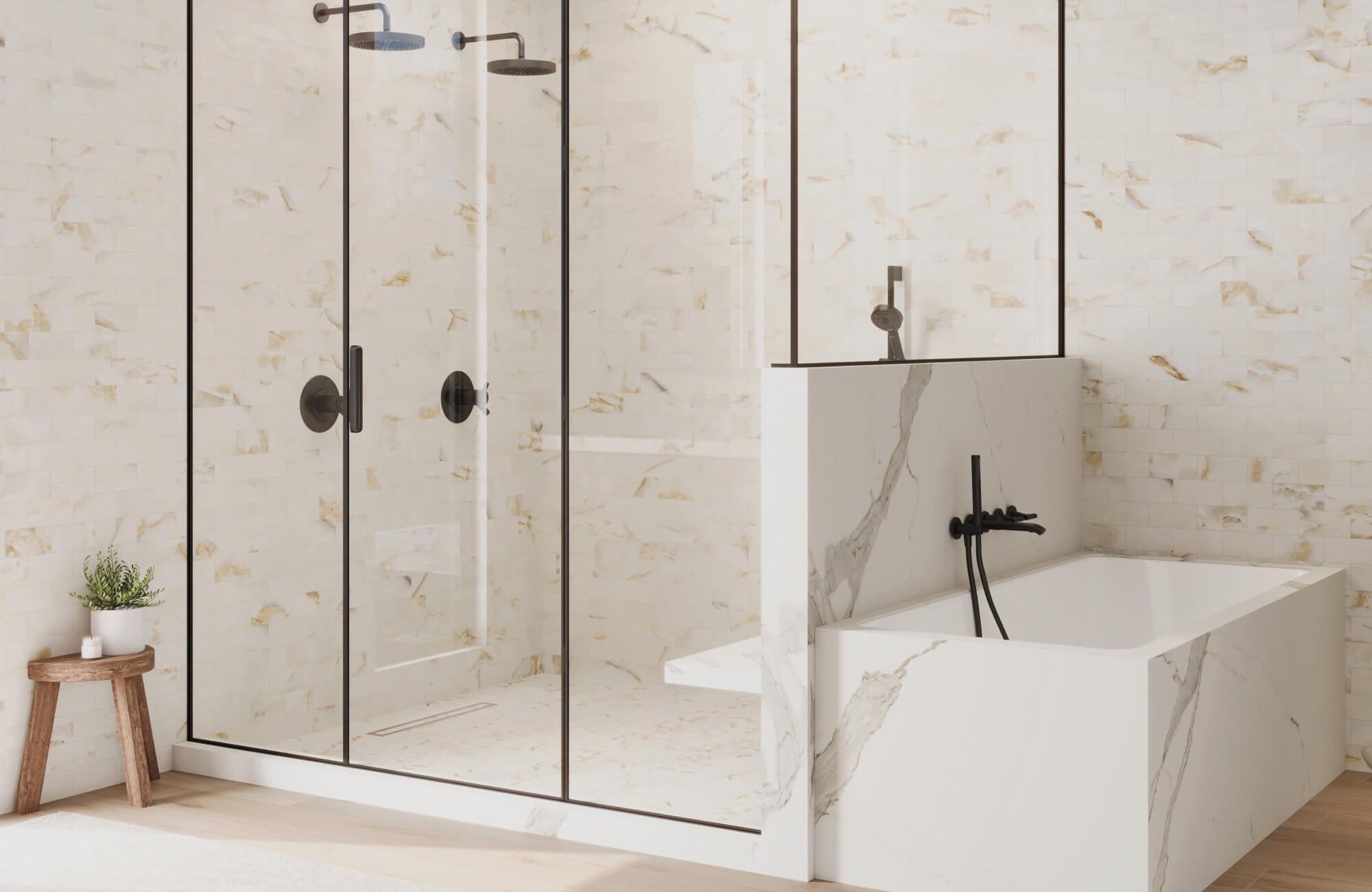 Elegant bathroom featuring creamy white marble look tiles with soft golden veining, a glass-enclosed shower, and a modern soaking tub.