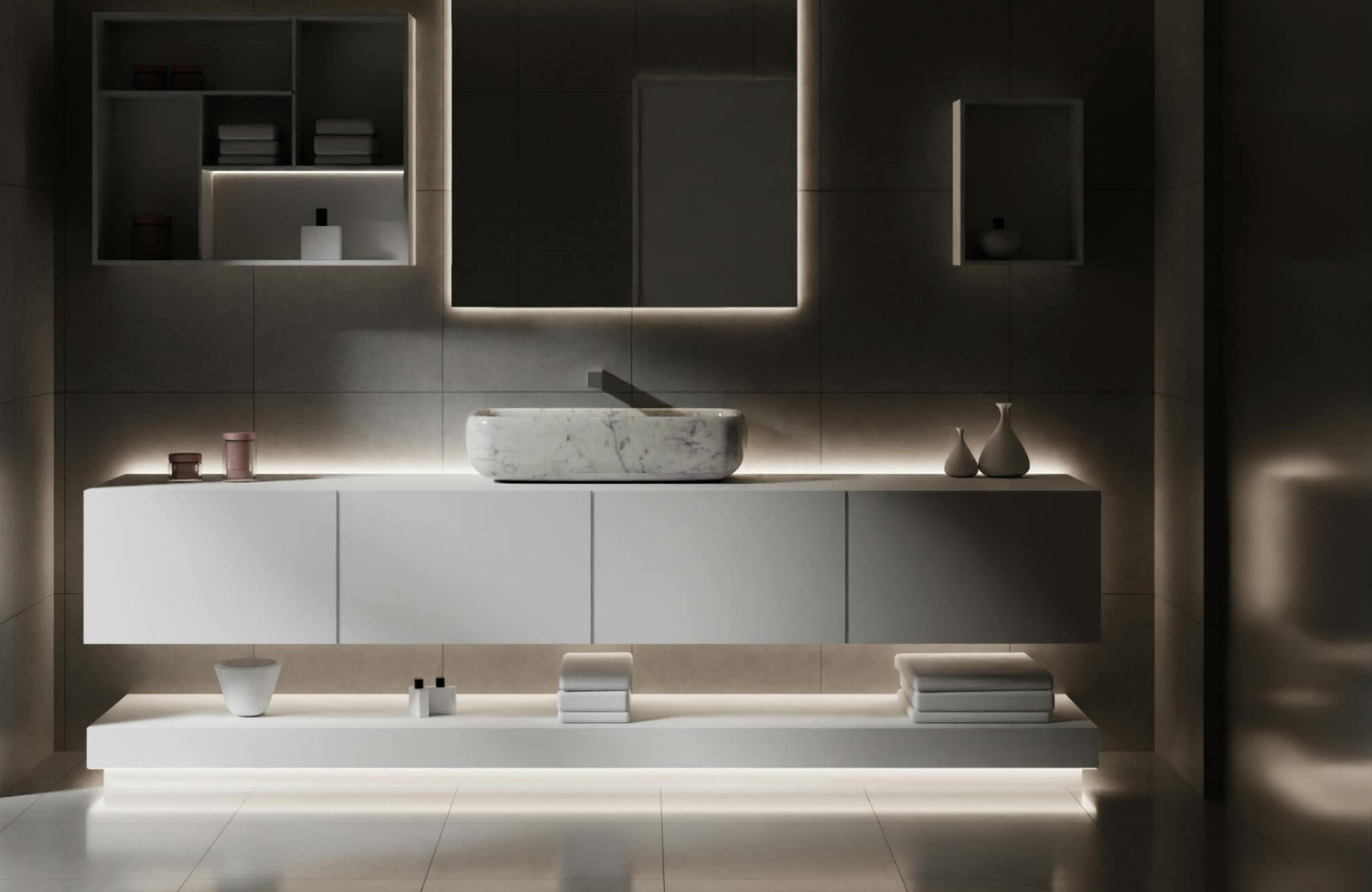 Luxurious contemporary bathroom vanity featuring a floating white cabinet with integrated ambient lighting, a sleek marble vessel sink, and minimalist shelving that exudes modern elegance and refined sophistication.